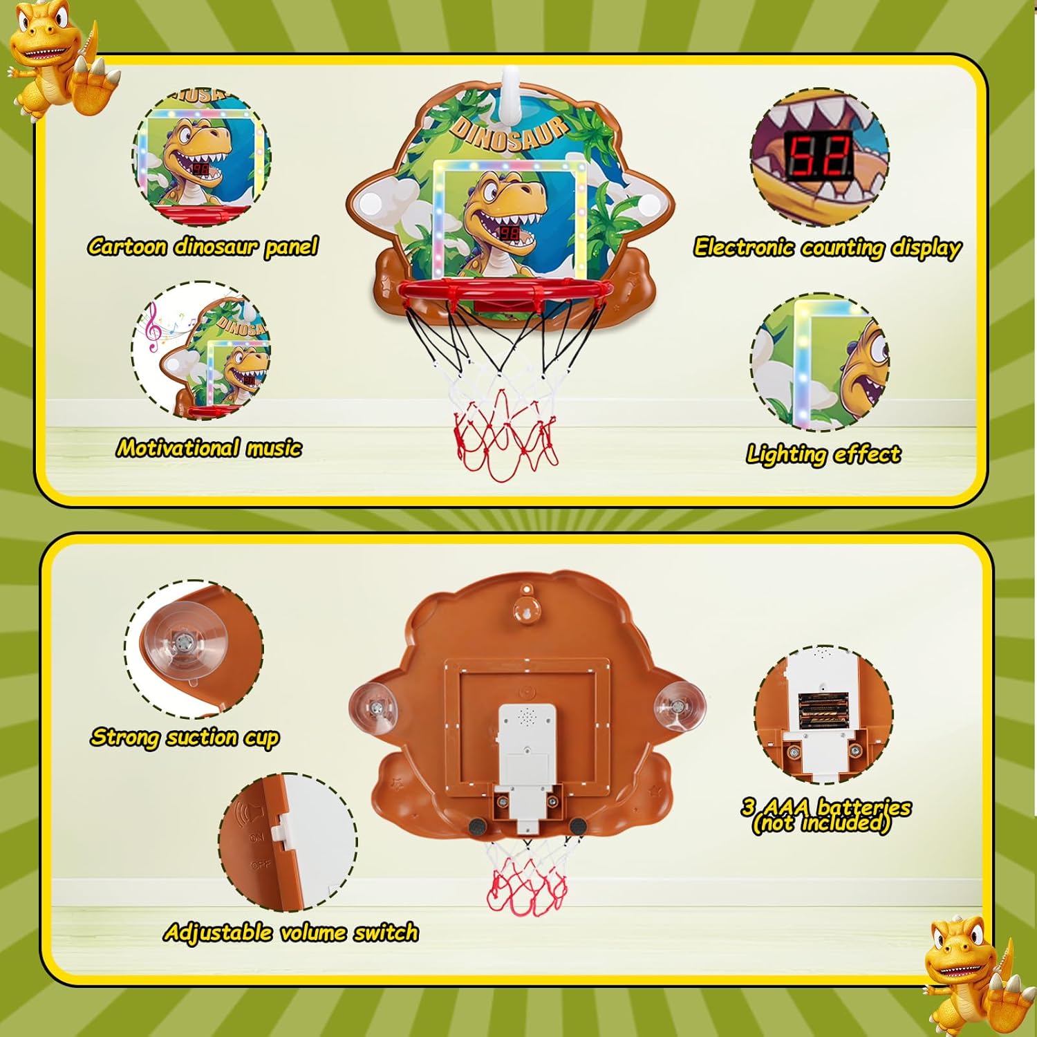 Thumbnail 3 de Fullware Mini Basketballkorb Indoor für Kinder (2-in-1) mit Ringwurf, Punkteanzeige & Musik – Dino-Design