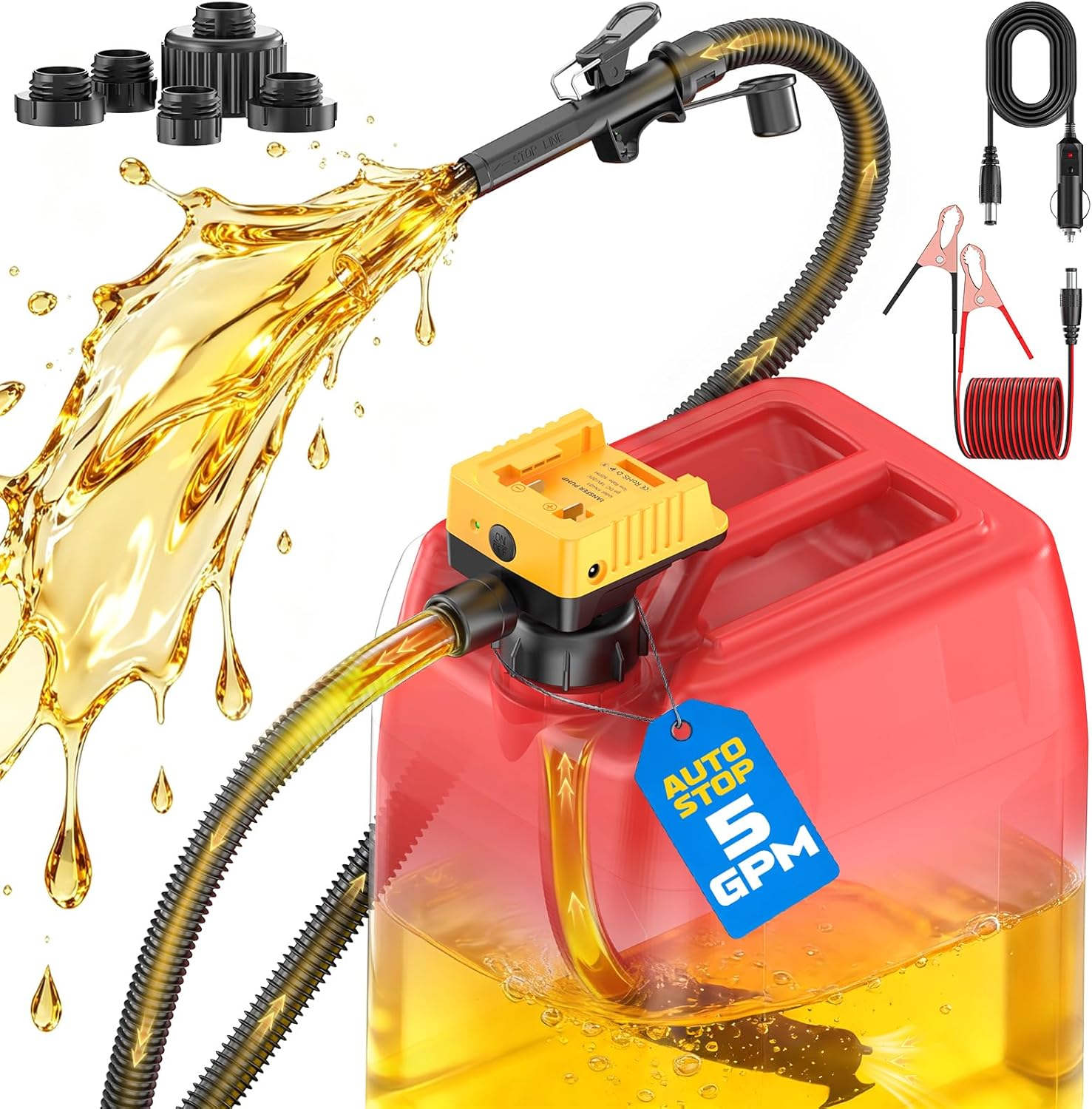Detalle de DIYtoolifz 5 GPM Cordless Fuel Transfer Pump with Auto Stop, Beep Alert, and Multi-Voltage Compatibility