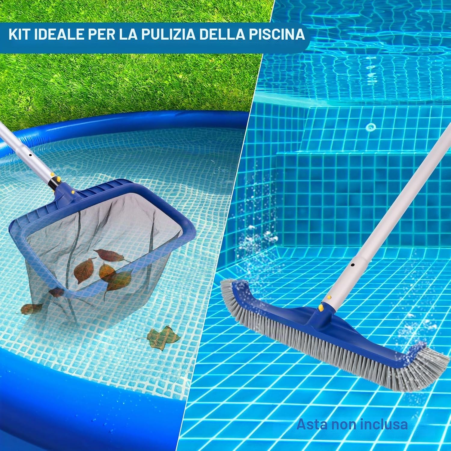Detalle 1 de POOLAZA Set di pulizia per piscina: retino in maglia fine e spazzola da 45 cm