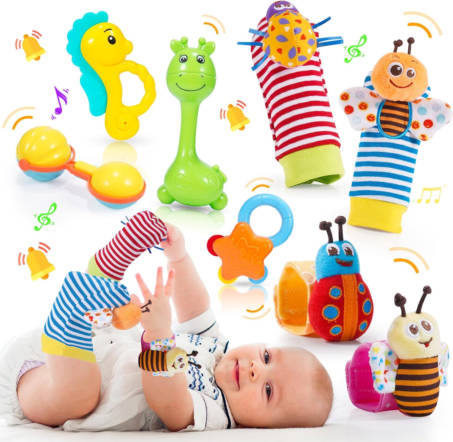 Detalle de Adeokay babyspeelgoedset met rammelaars en polssokjes van katoen en ABS