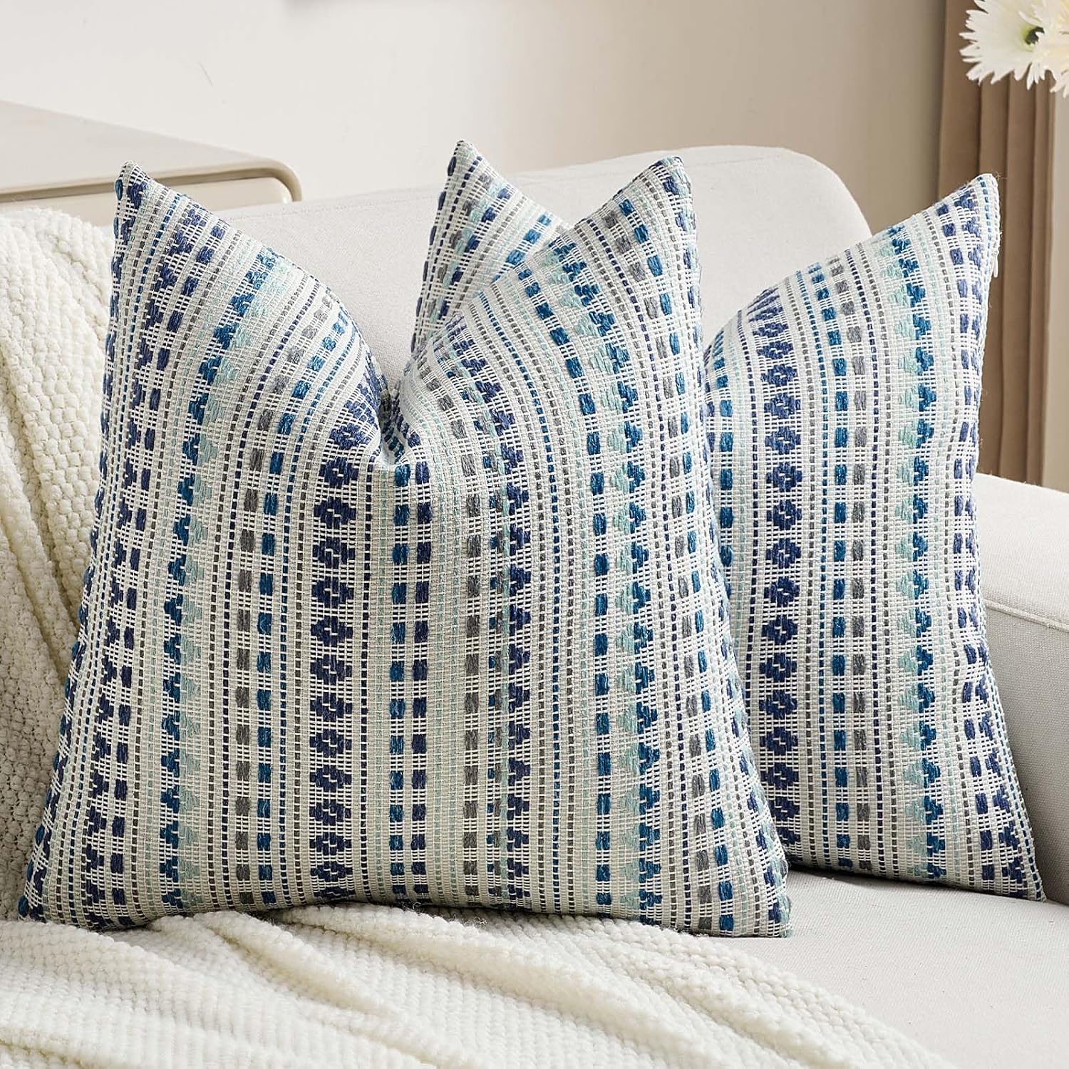 Thumbnail 6 de Ystyle housse de coussin 60x60 (lot de 2) en chenille à rayures champêtres gris/blanc