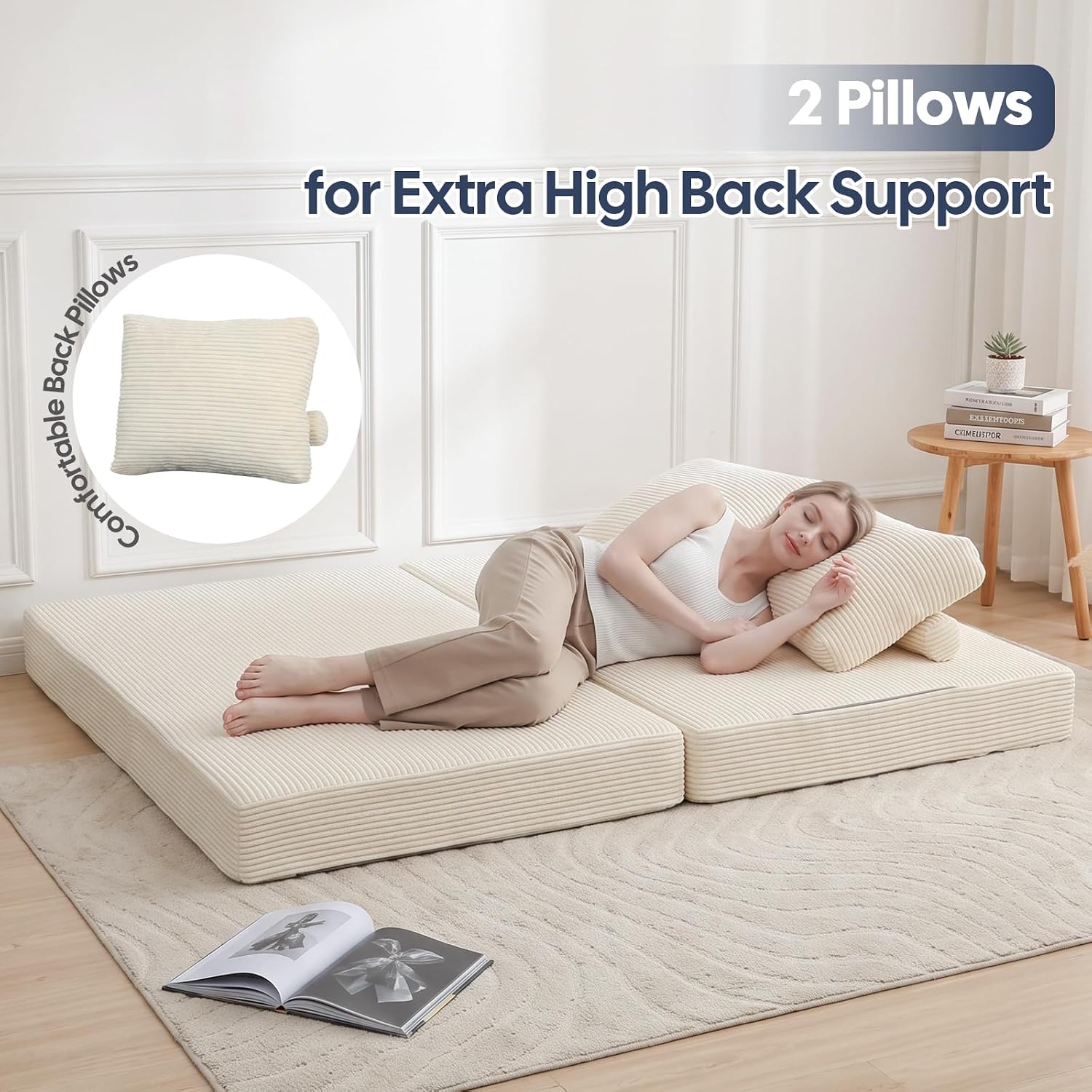 Detalle de COMAX Convertible Sofa Bed (Corduroy Beige) – Folding Floor Couch Bed Futon Sleeper w/ Pillows