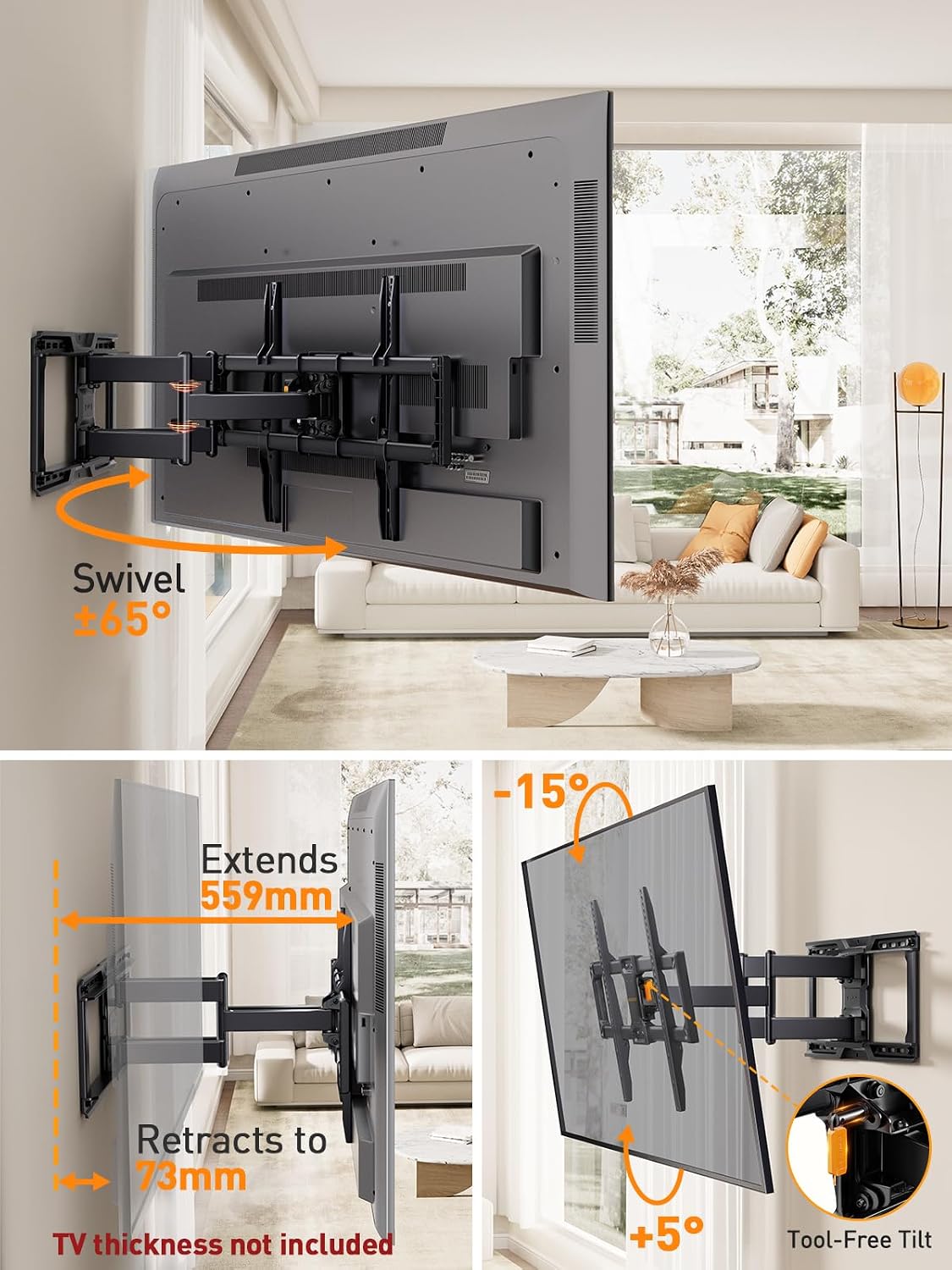 Detalle de Perlegear supporto TV parete a movimento per TV da 42 a 90 pollici, fino a 68 kg – inclinazione, rotazione ed estensione senza attrezzi