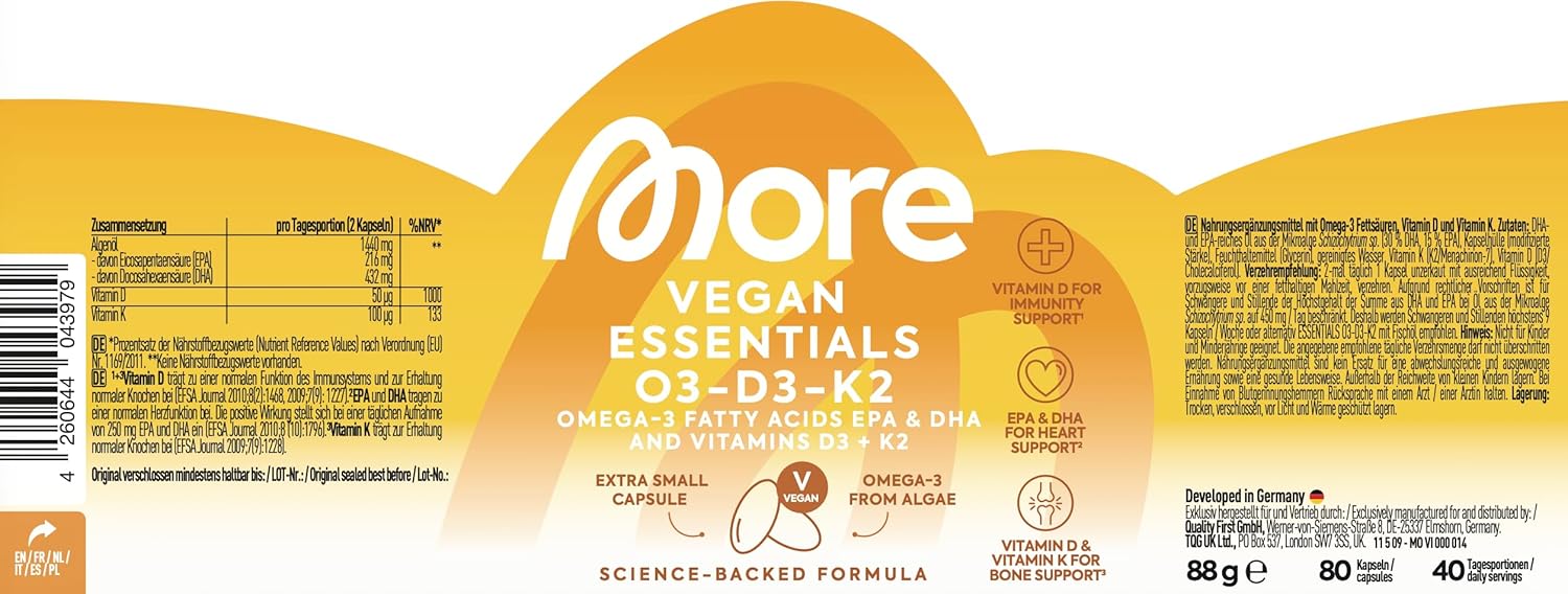 Thumbnail 3 de MORE Vegan Essentials O3-D3-K2 (80 Kapseln) – veganes Omega-3 aus Algenöl mit Vitamin D3 & K2