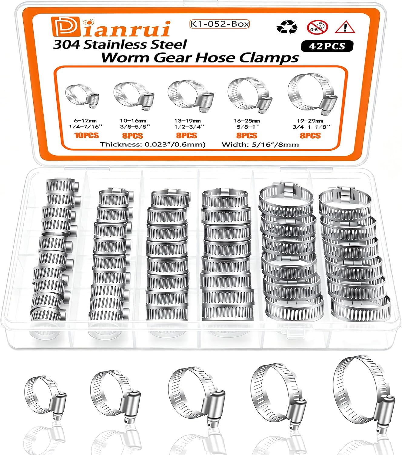 Detalle de Dianrui K1-052-BOX 42-Piece Stainless Steel Hose Clamp Assortment