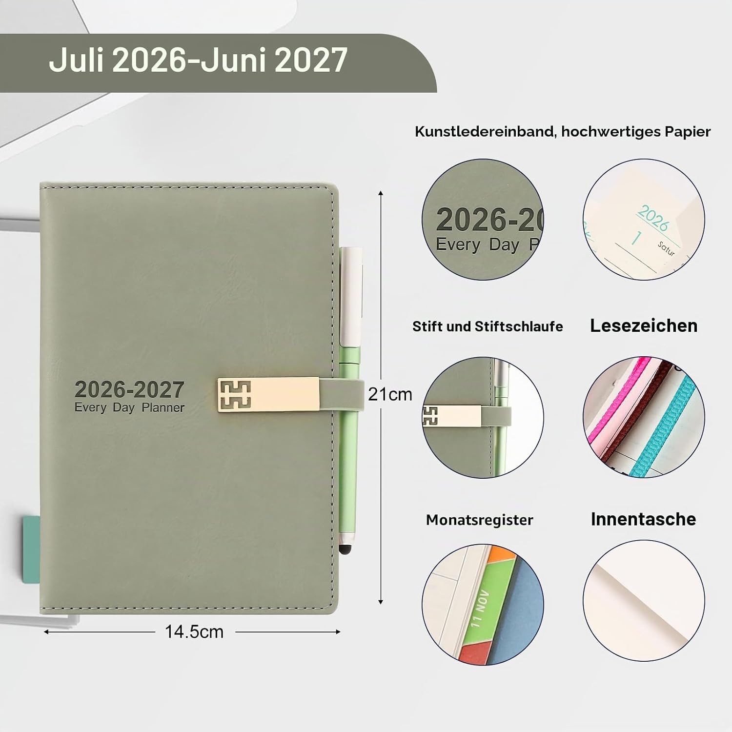 Detalle 2 de Akademischer Terminkalender 2026–2027: A5, Tag-pro-Seite, Juli 2026–Juni 2027