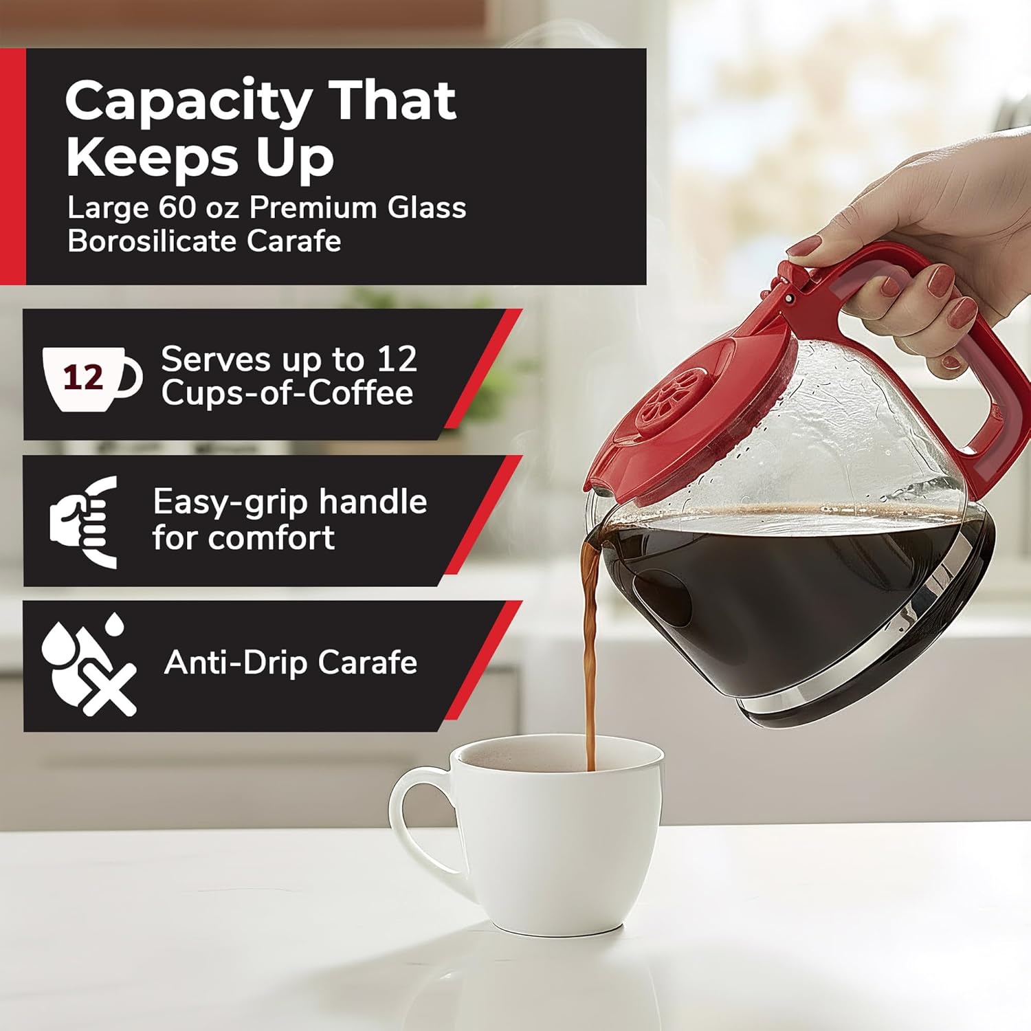 Detalle de MUELLER HOME 12-Cup Red Coffee Maker: Large-Batch Brew, Reusable Filter, and Keep-Warm