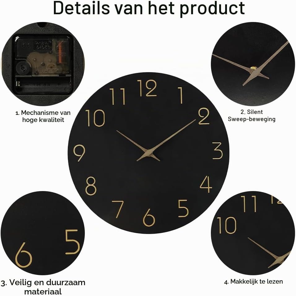 Thumbnail 2 de Aolso Aolso stille ronde houten wandklok, zwart en analoog