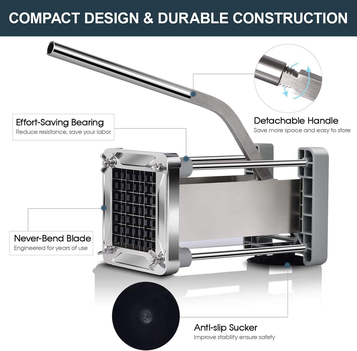 Detalle de Sopito Professional Potato Cutter: Stainless Steel Fry Cutter with 1/2" and 3/8" Blades