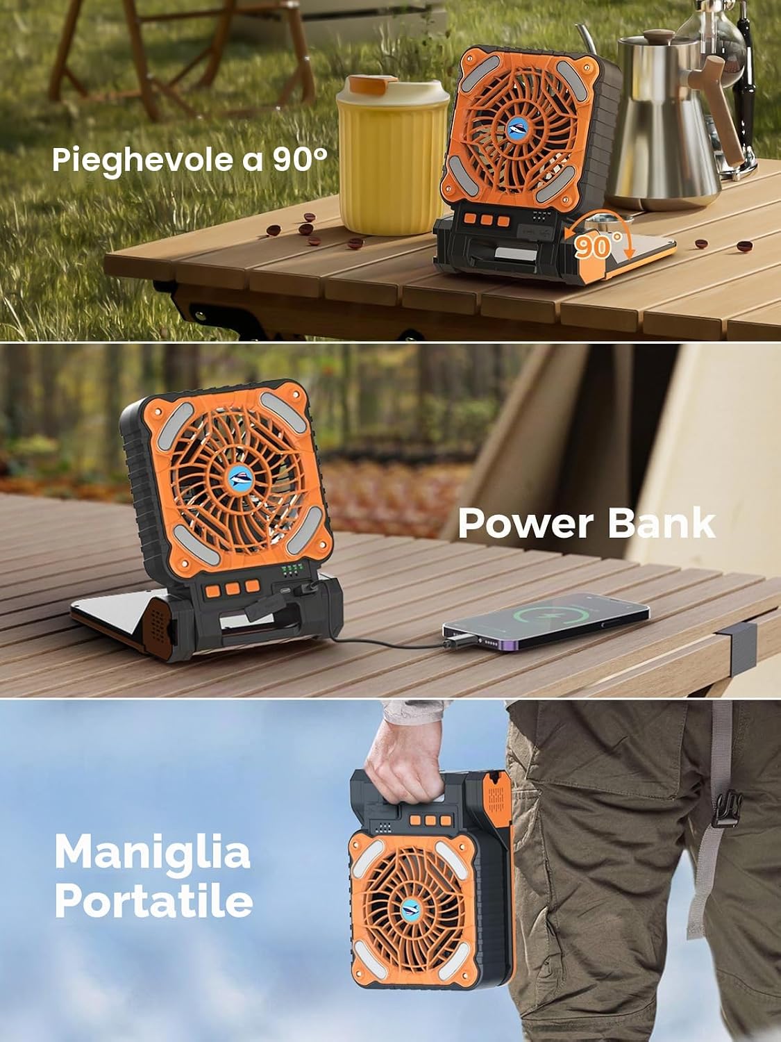 Detalle 2 de Smiling Shark FS-99: Ventilatore da Campeggio con LED, Batteria 6000 mAh, 4 Velocità e Ricarica Solare