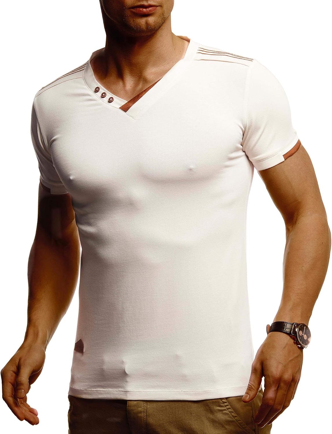Detalle de Leif Nelson LN1355 : T-shirt à manches courtes et col en V pour homme, coupe ajustée