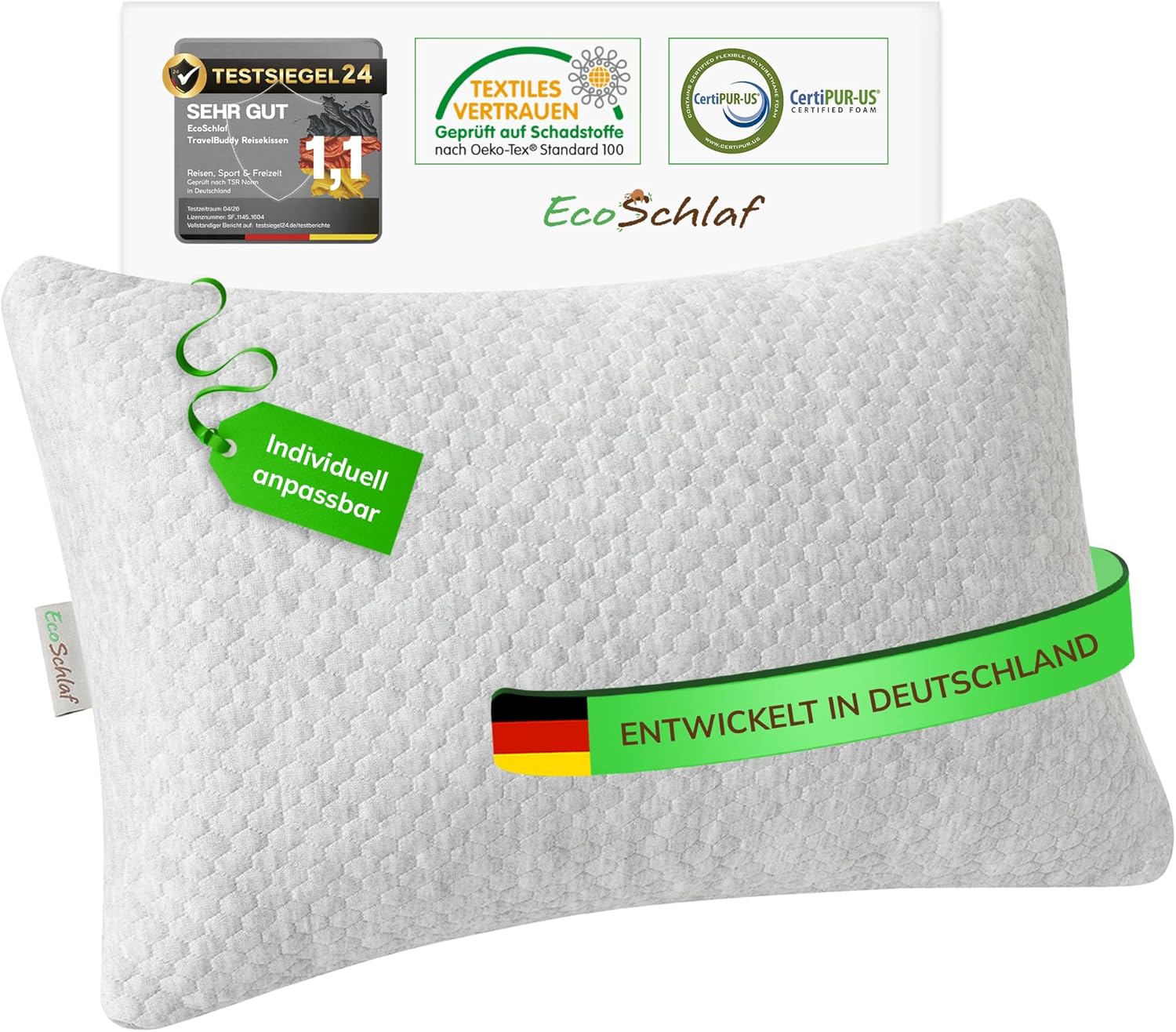 Detalle de EcoSchlaf TravelBuddy Reisekissen – kompaktes Memory-Foam Nackenkissen für unterwegs