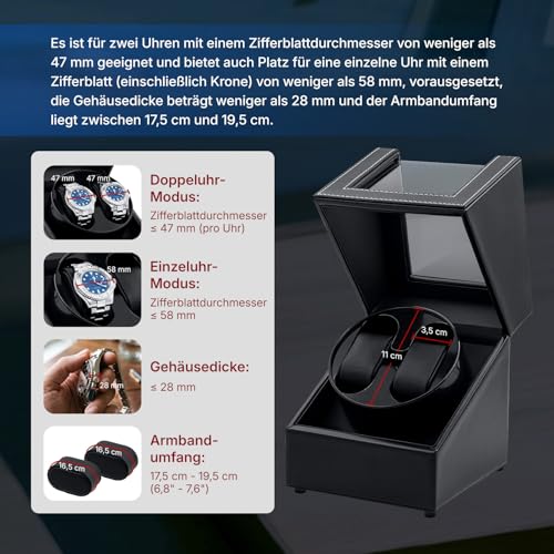 Thumbnail 1 de Tolesum Uhrenbeweger 2 Uhren für Automatikuhren – leisem Motor, USB-C Brückenkabel-System, Edles PU-Leder Schwarz