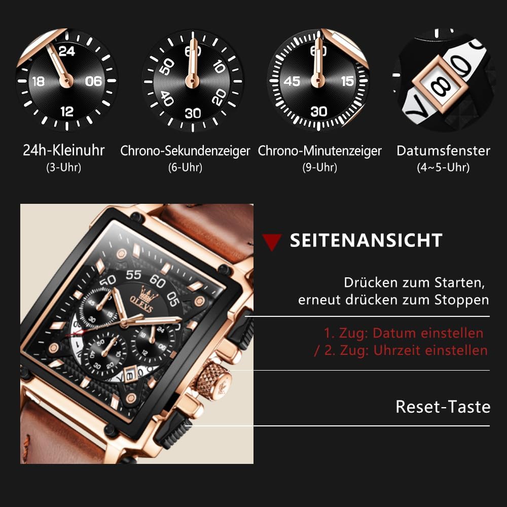 Detalle de OLEVS Herrenuhr mit Lederarmband und Chronograph – japanisches Quarzwerk, Datum, 42×45 mm