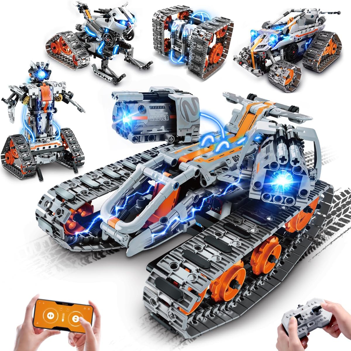 Detalle de PLAXSOON Technik Bauspielzeug 5‑in‑1: RC Panzer, Roboter & Co. mit LED, 604 Teile