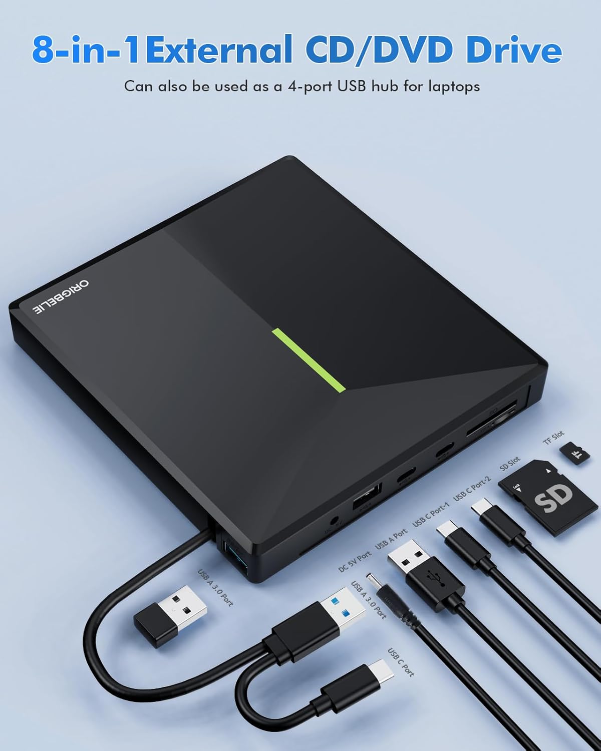 Thumbnail 5 de ORIGBELIE Externes CD/DVD-Laufwerk mit USB 3.0 Hub, 4 USB-Anschlüssen und 2 TF/SD-Kartensteckplätzen