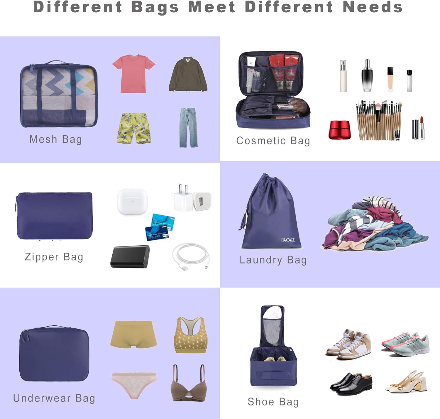 Detalle de BAGAIL 8-teiliger Packwürfel-Set mit Kleidertaschen & Kofferorganizer (Packing Cubes)