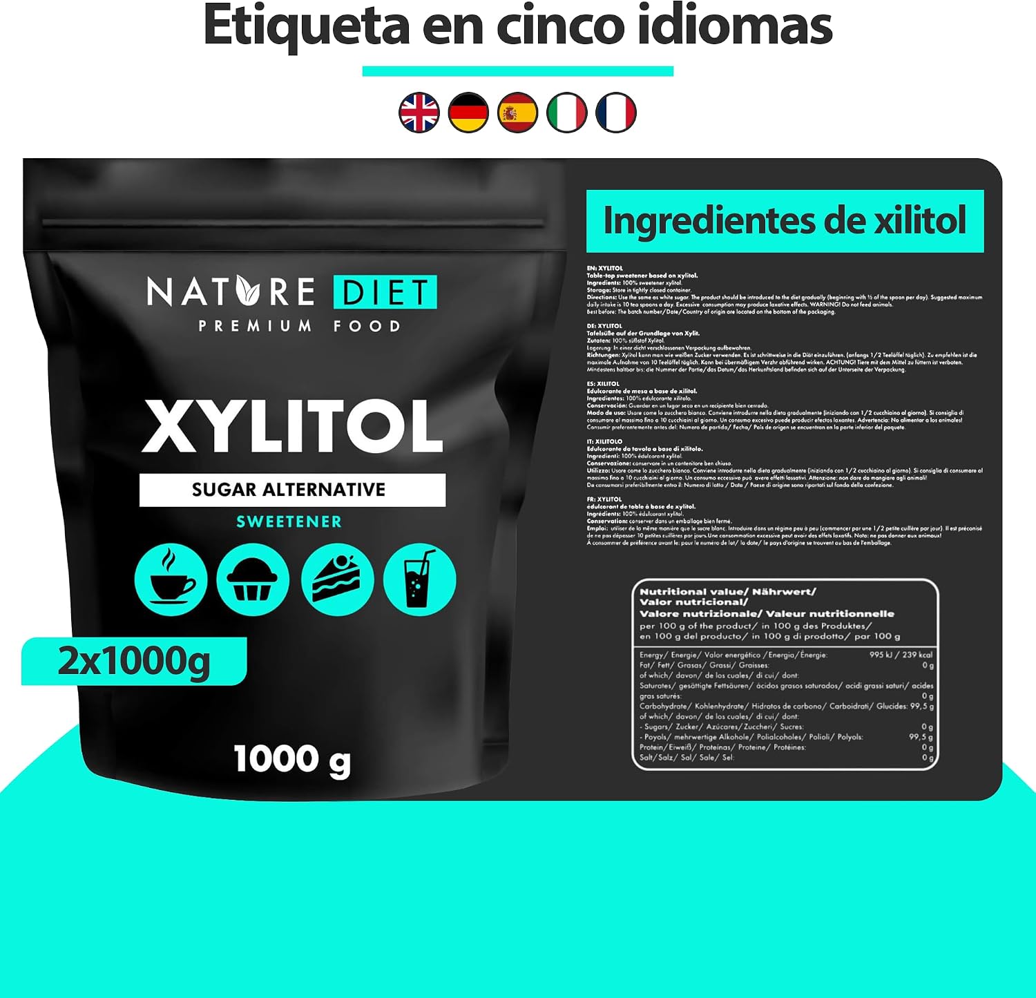 Detalle 2 de Nature Diet Xylitol 2 kg sustituto azúcar 🍫