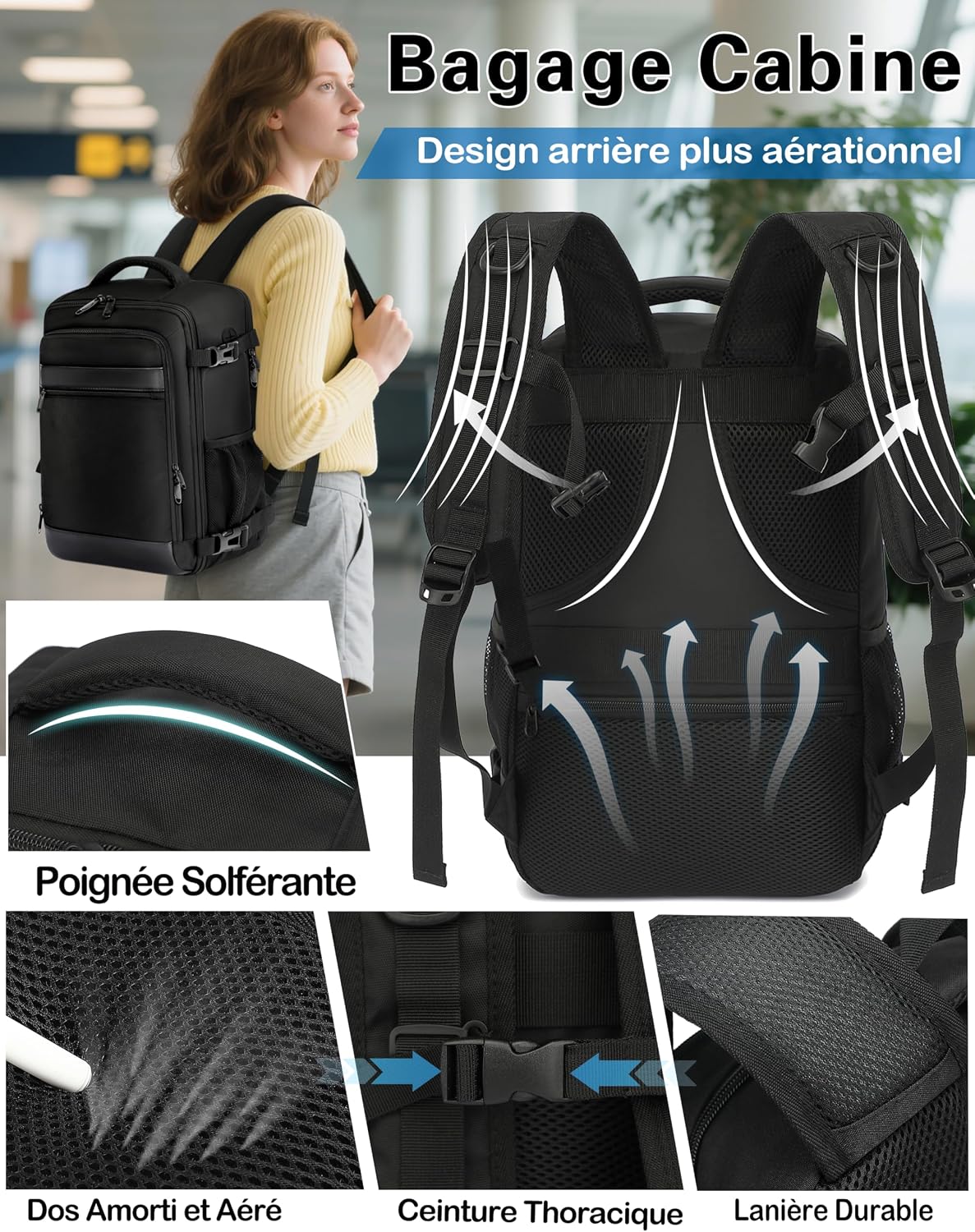 Detalle de KLOSTAIN Bagage Cabine 45x36x20 cm – Sac à Dos Voyage 30 L pour EasyJet, ordinateur 15.6", Noir
