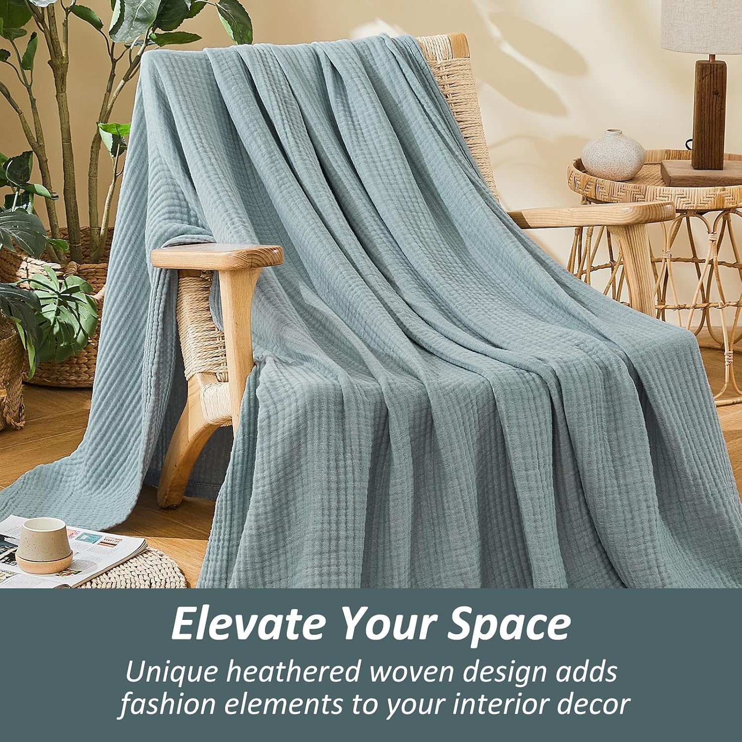 Detalle 2 de EMME Muslin-EMC4CR7N6 Cotton Muslin Blanket, Queen 90" x 90", Heather Teal