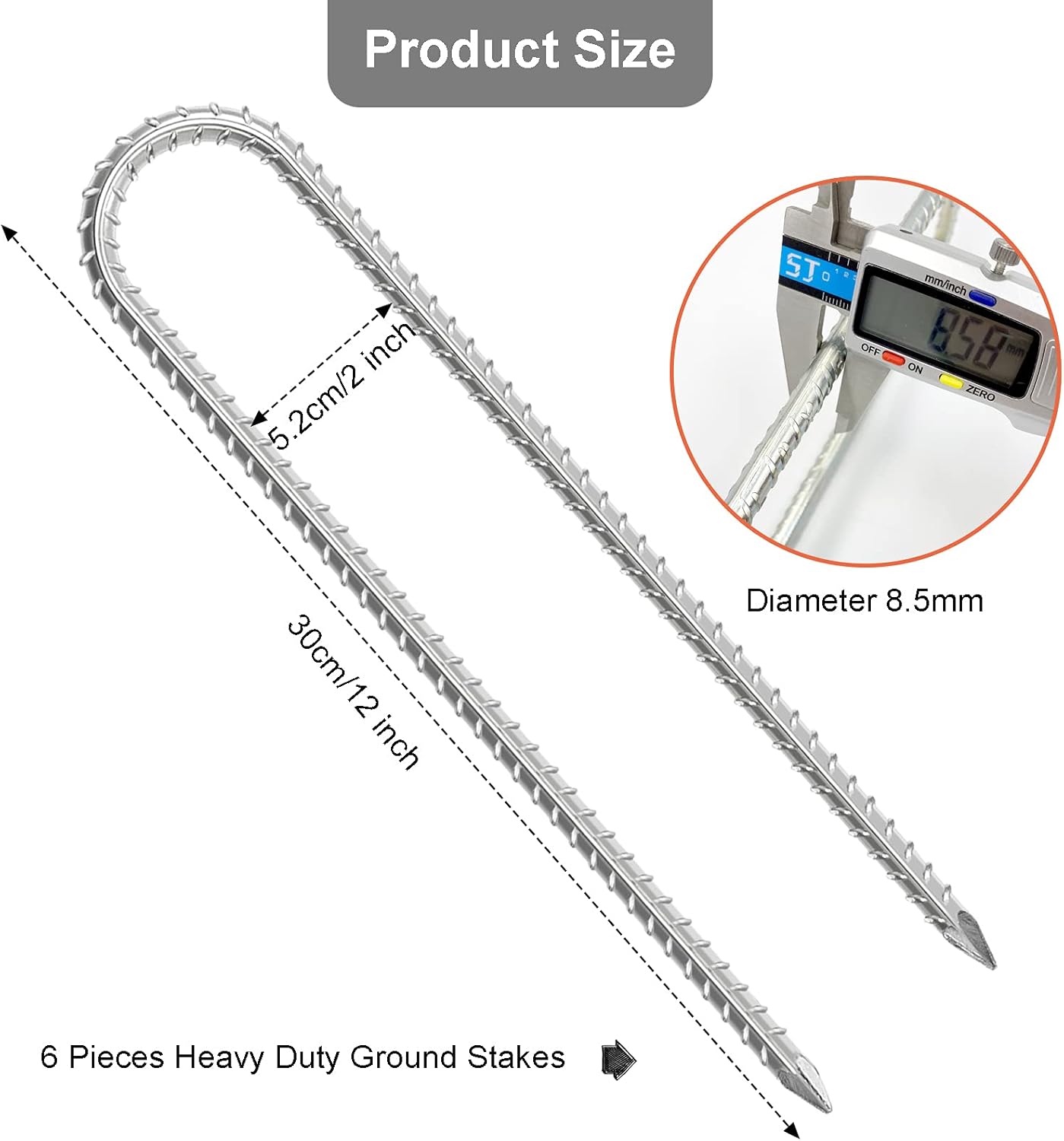 Detalle 2 de Tent Pegs Metal Heavy Duty 30cm Rebar Stakes Ground Anchor Kit (6 Pack) for Trampolines, Swings & Football Goals
