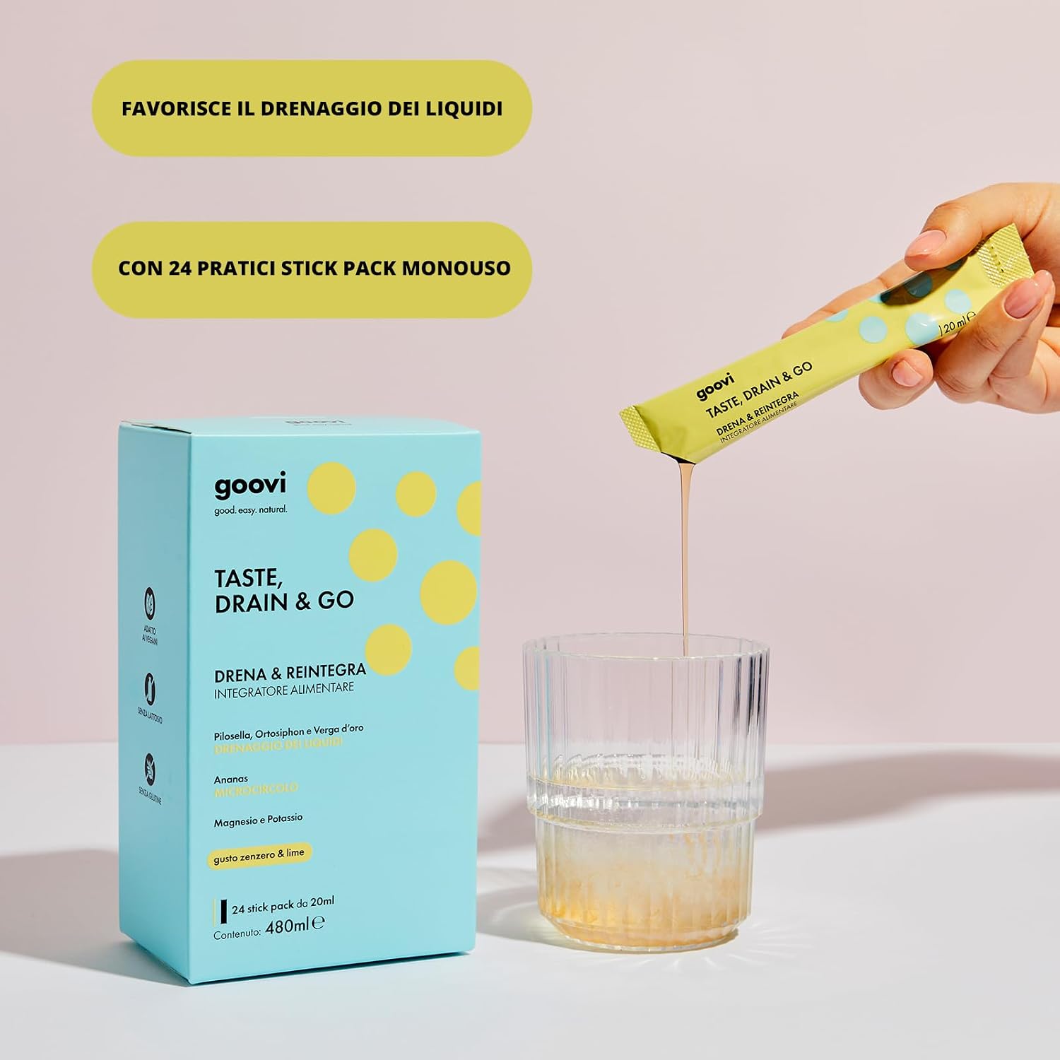 Detalle 2 de Goovi Taste Drain & Go — Integratore drenante con magnesio e potassio, 24 stick all’aroma zenzero e lime