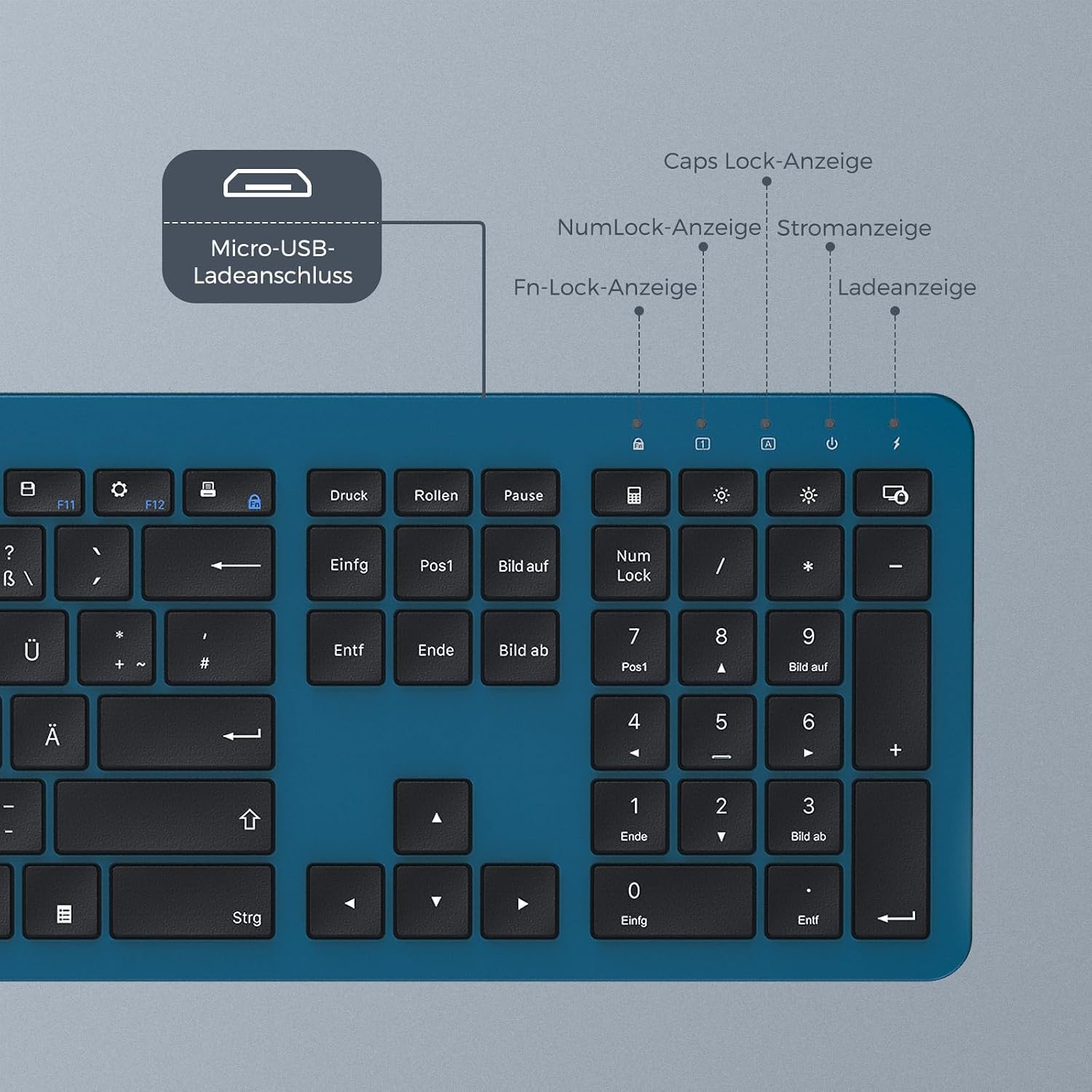Detalle de seenda SK38-3 Tastatur-Maus-Set kabellos (QWERTZ, Schwarz/Blau) mit wiederaufladbarer Funk-Tastatur