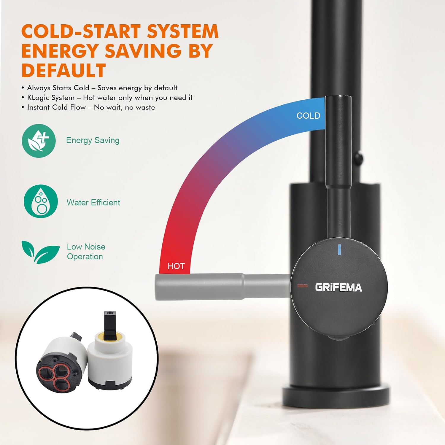 Detalle de GRIFEMA G4008B Black Kitchen Sink Tap — 360° Swivel Spout, Solid Brass & Stainless Steel, Hot & Cold
