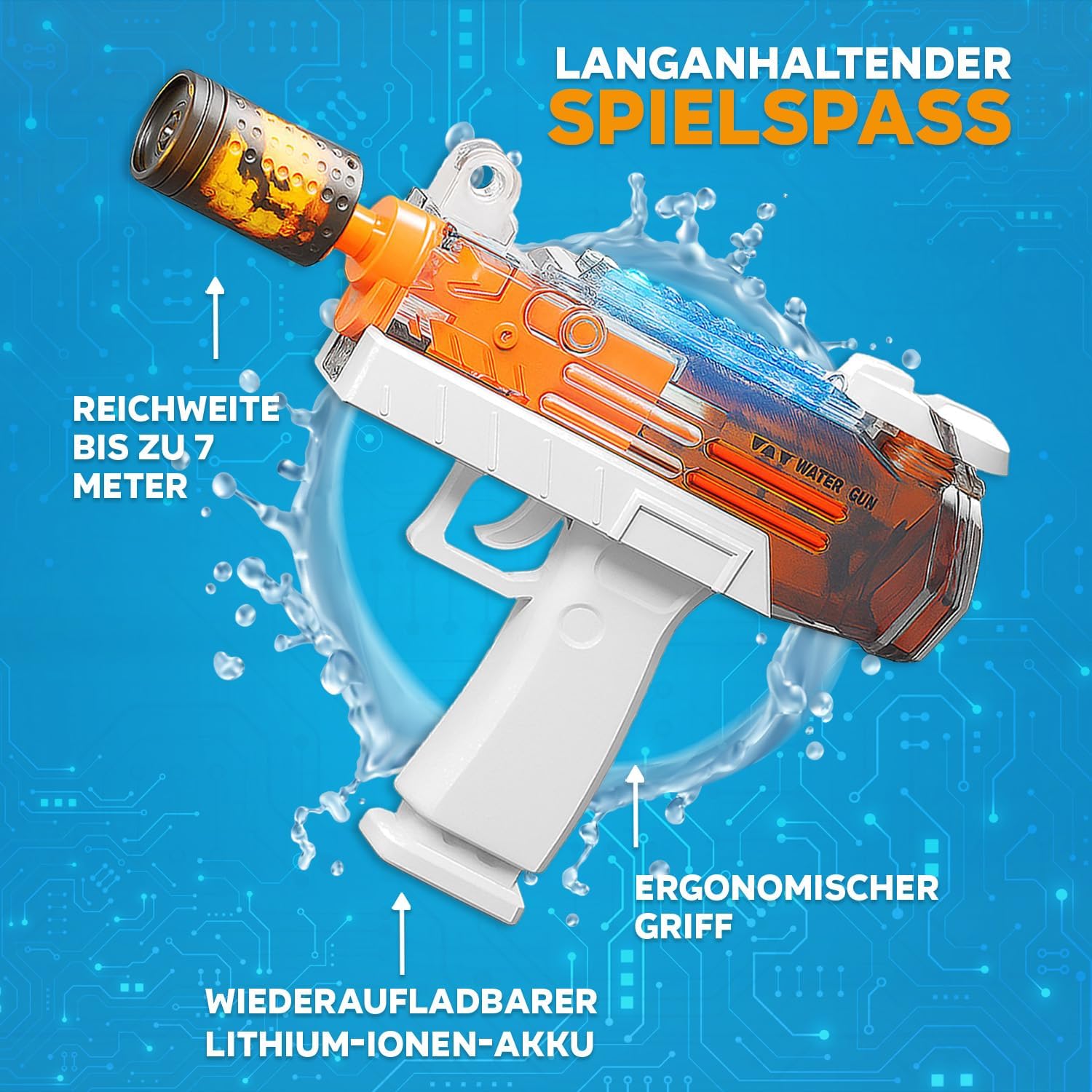 Thumbnail 3 de Festicy Elektrische Wasserpistole mit Licht – Uzi-Design, 200 ml, bis 7 m Reichweite