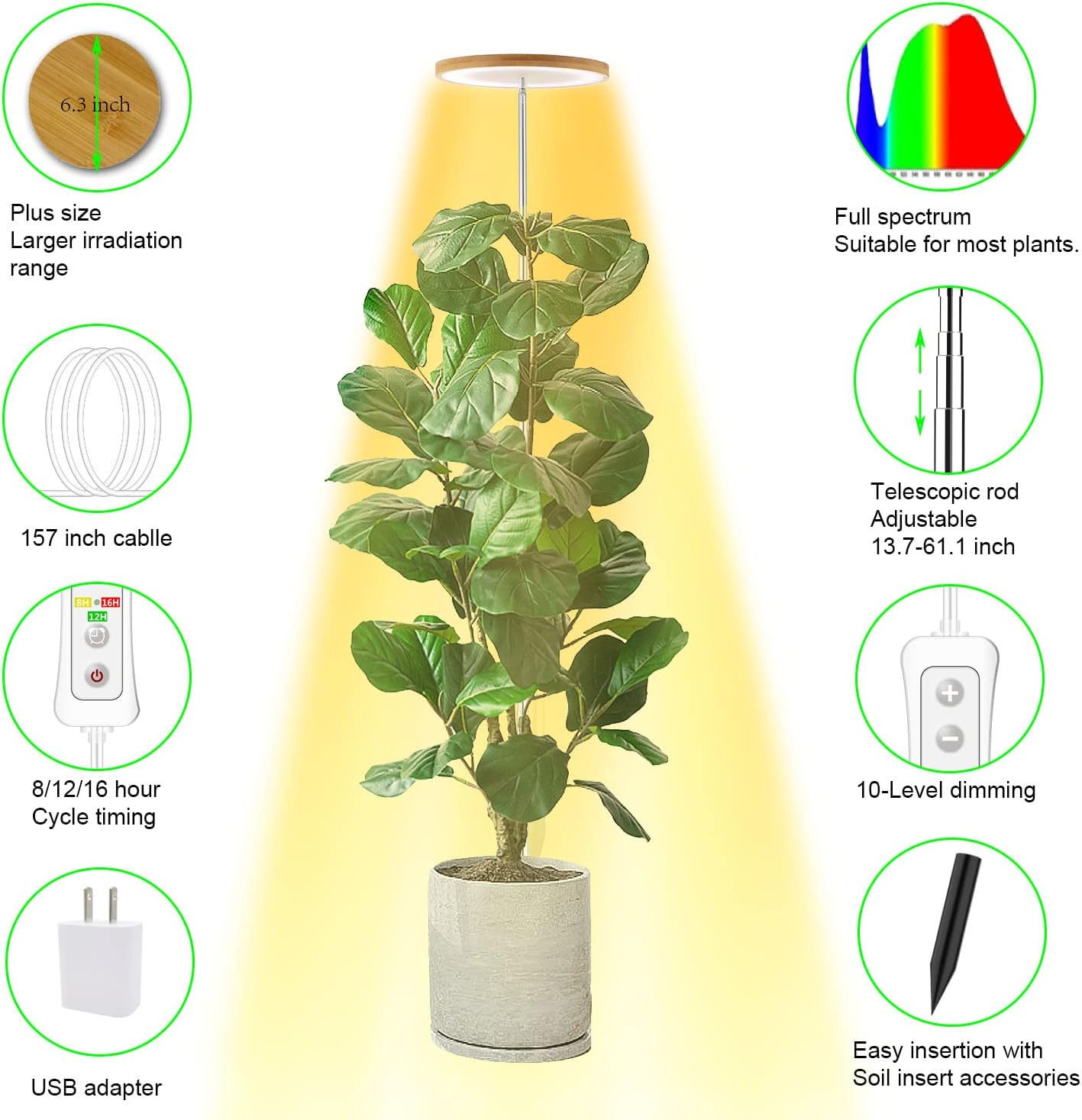 Detalle de yadoker BAM-16 Halo Grow Light, 72 LEDs, Bamboo Shade and Adjustable Height