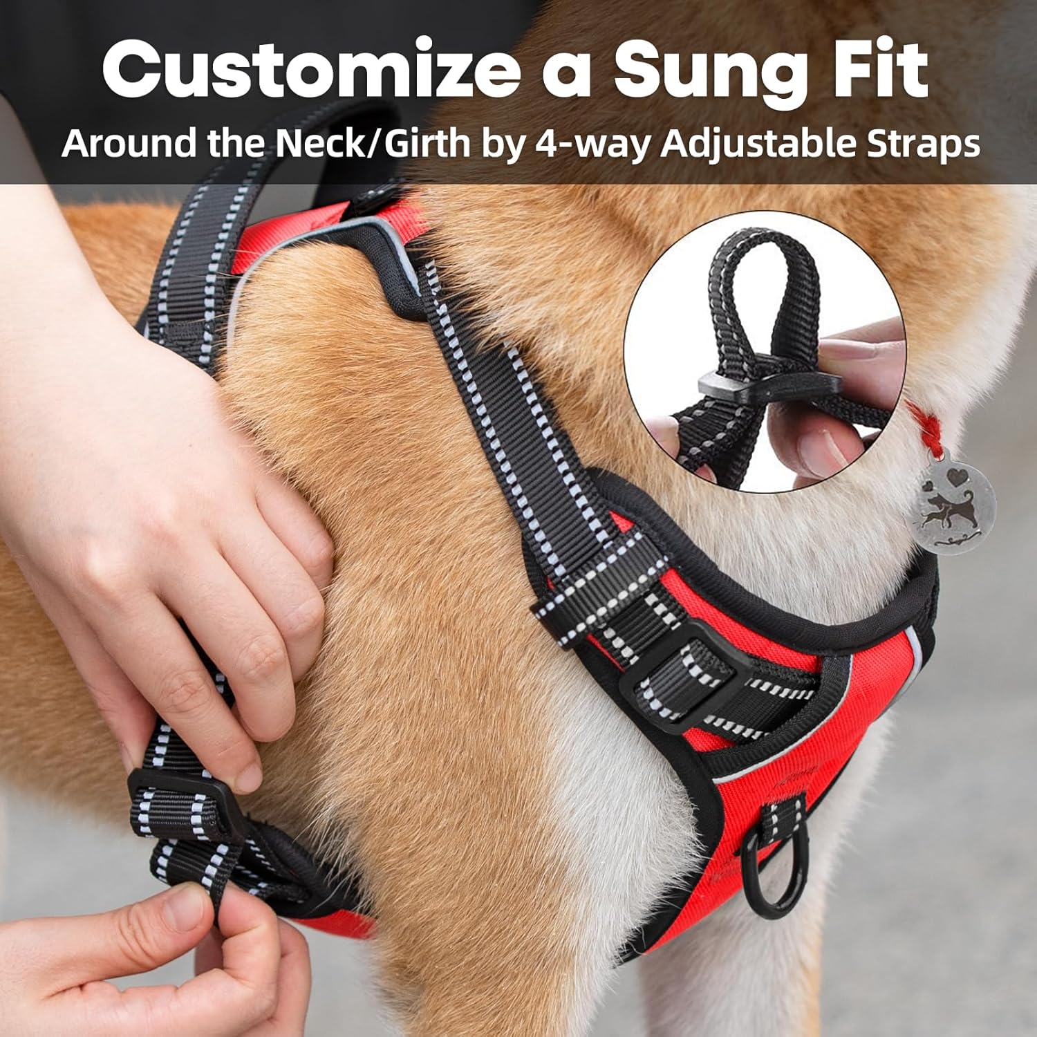 Detalle de PoyPet No Pull Dog Harness with Reflective Vest, 2 Leash Attachments & Easy Control Handle (Red, S)
