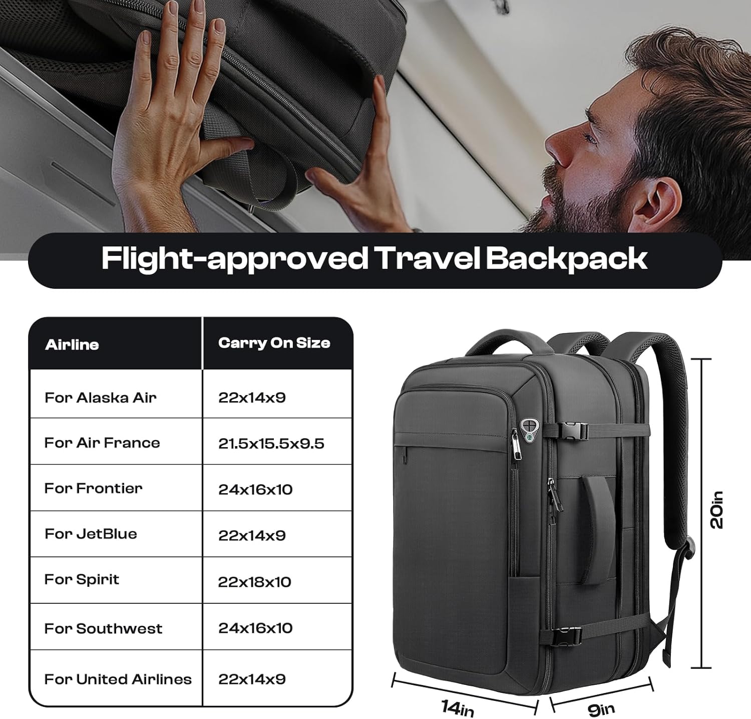 Thumbnail 1 de Sirmaeed Carry-On Backpack 40L–50L (Expandable) TSA-Approved for 17.3” Laptops, Black