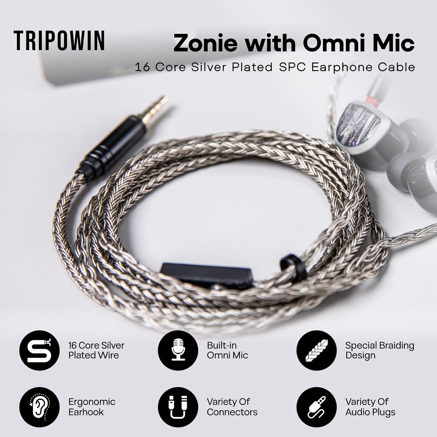 Thumbnail 1 de Linsoul Tripowin Zonie – Câble d’écouteur HiFi avec Omni Mic et SPC argenté 16 fils