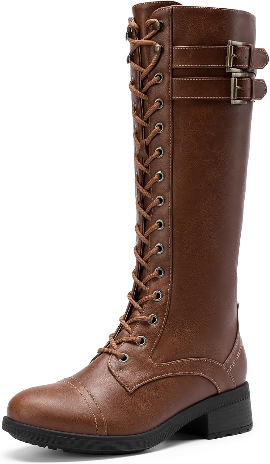 Detalle de DREAM PAIRS Women's Knee-High Riding Combat Boots with Faux-Fur Lining and Lace-Up Front