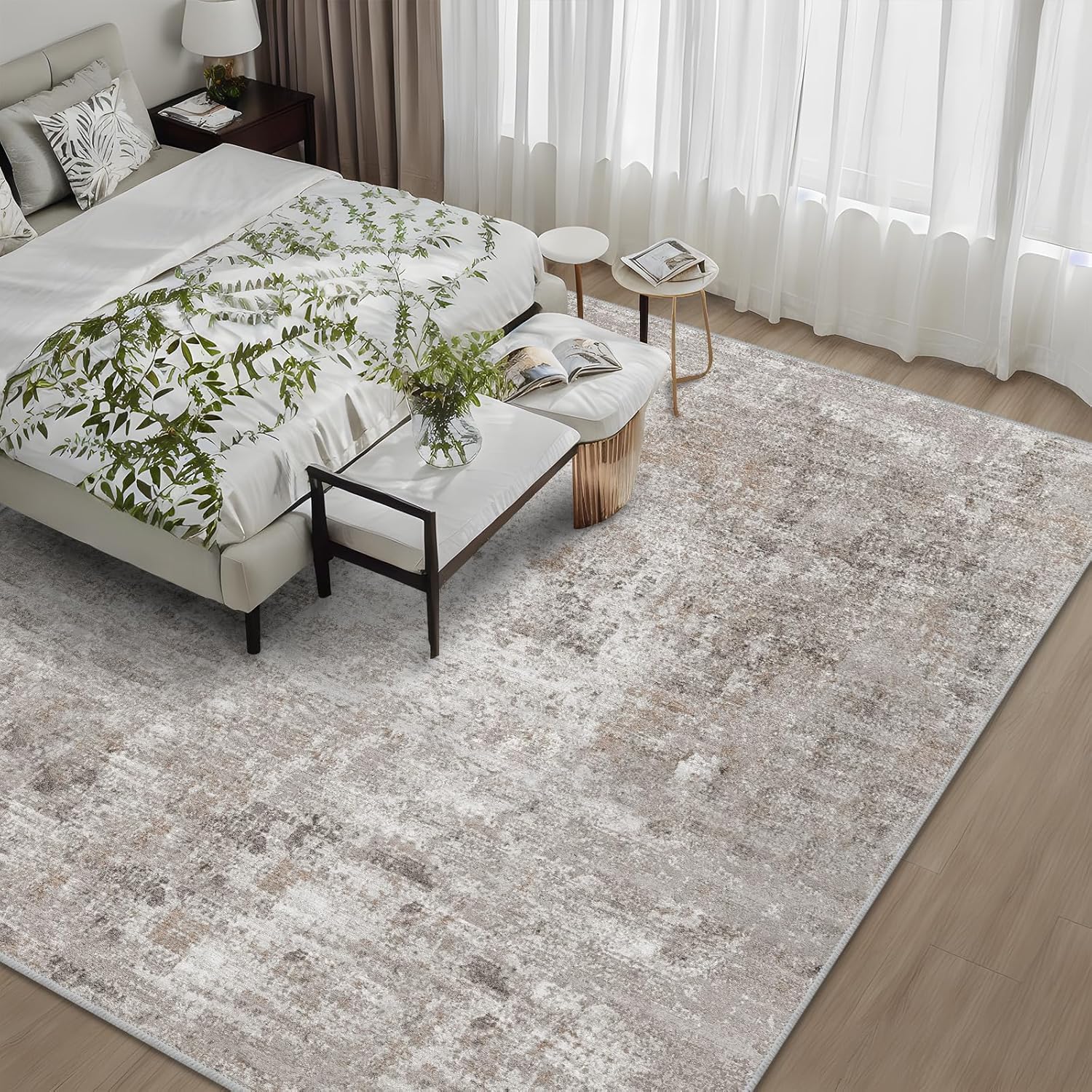 Thumbnail 1 de 12x12ft Square Living Room Rug – Non-Slip Washable Low-Pile Area Carpet (Beige Grey)