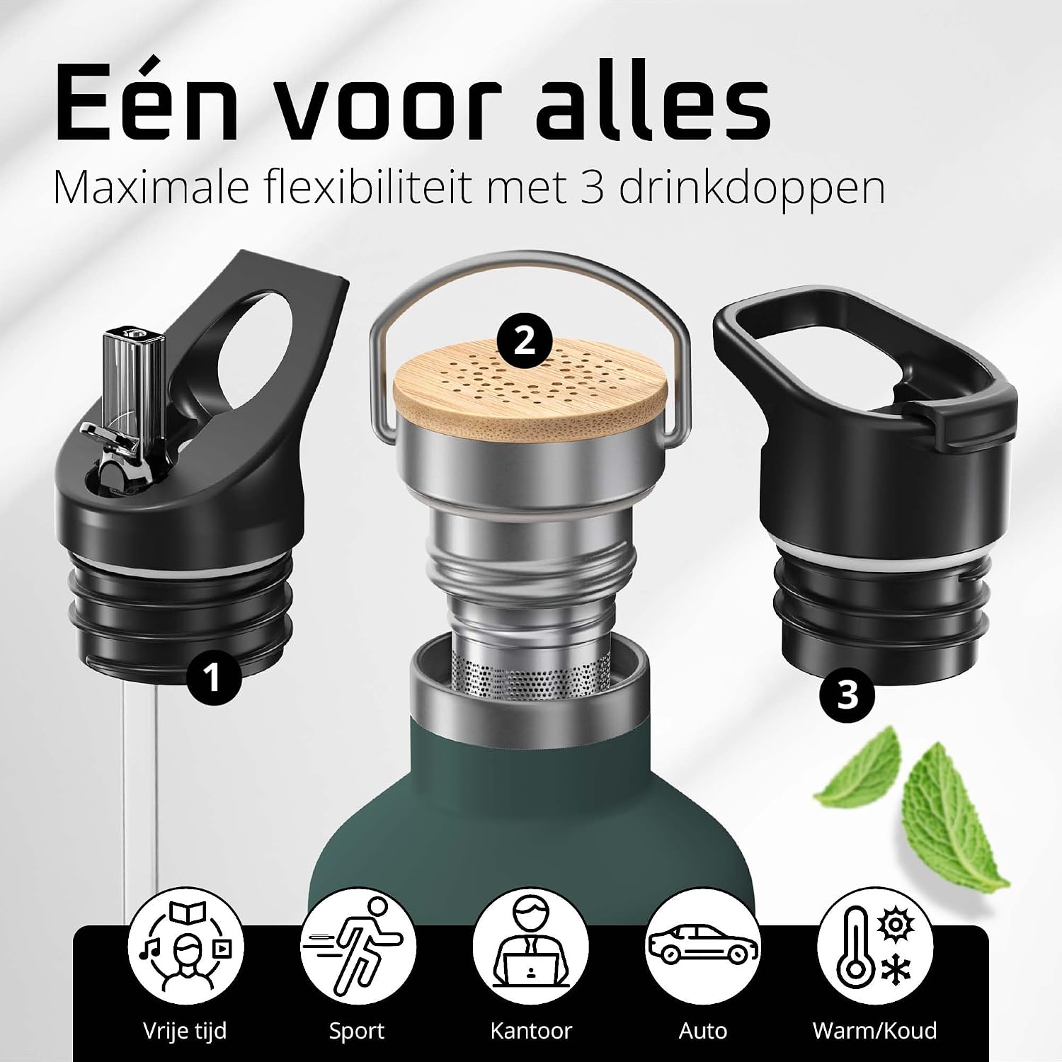 Detalle de BeMaxx 1BE13-SMB-GRN32 ACTIVE FLASK thermosfles, 950 ml, 3 drinkdoppen