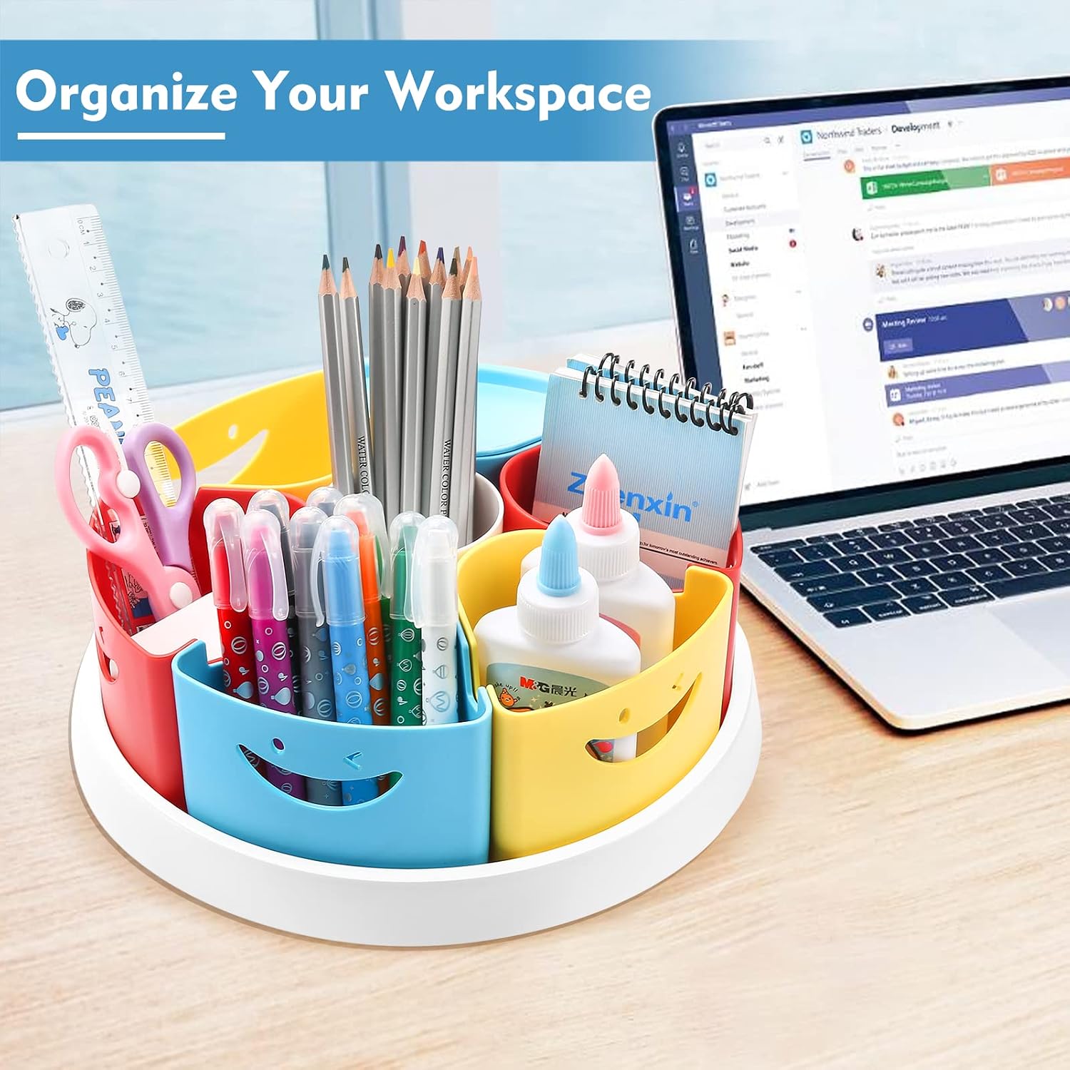 Thumbnail 4 de MeCids Drehteller-Organizer für Büro und Schule – 360° drehbar, 7 abnehmbare Fachteile, Handyhalterung, robustes ABS