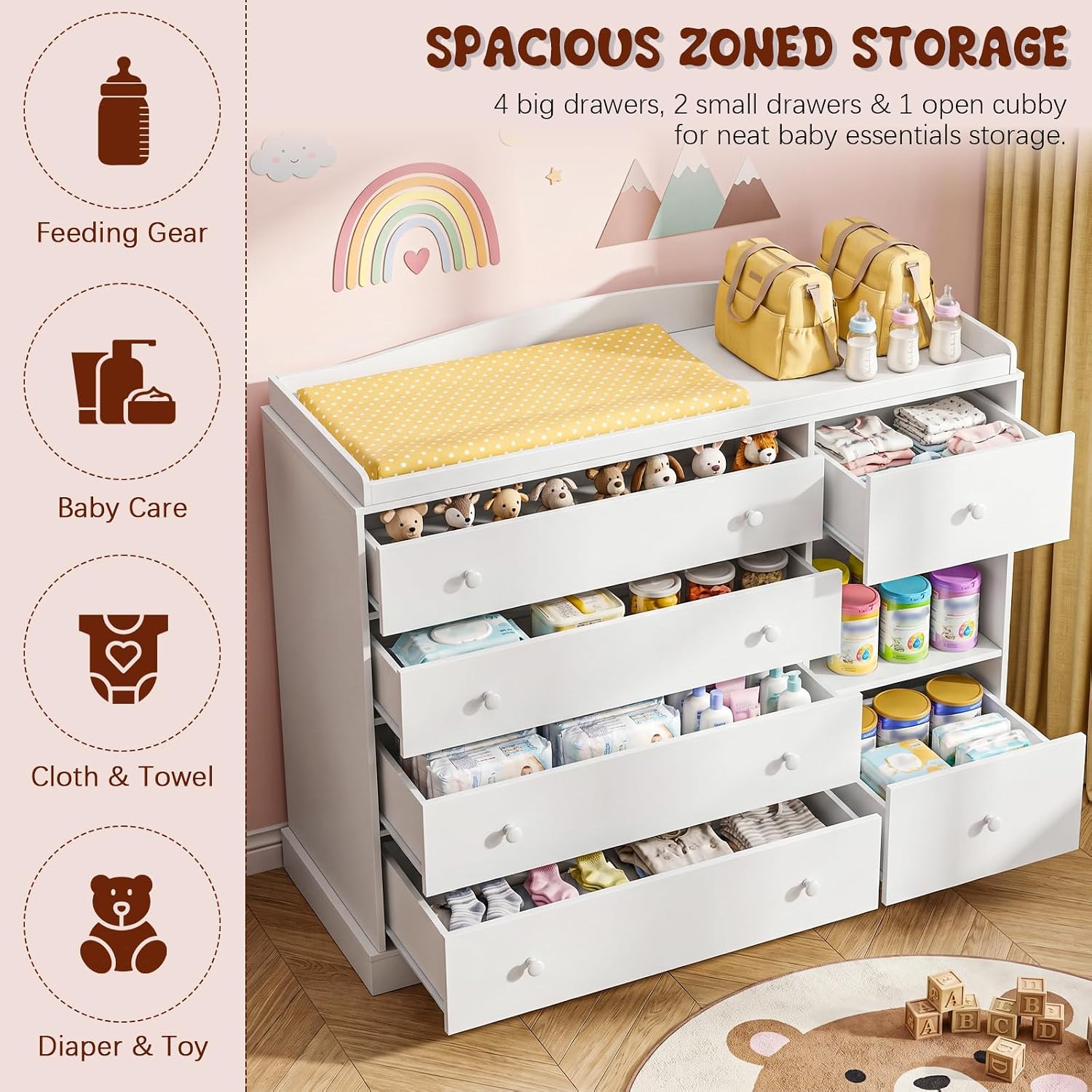 Detalle de Vabches DA0541 Kids Dresser with Changing Table, 6 Drawers and Shelf, White