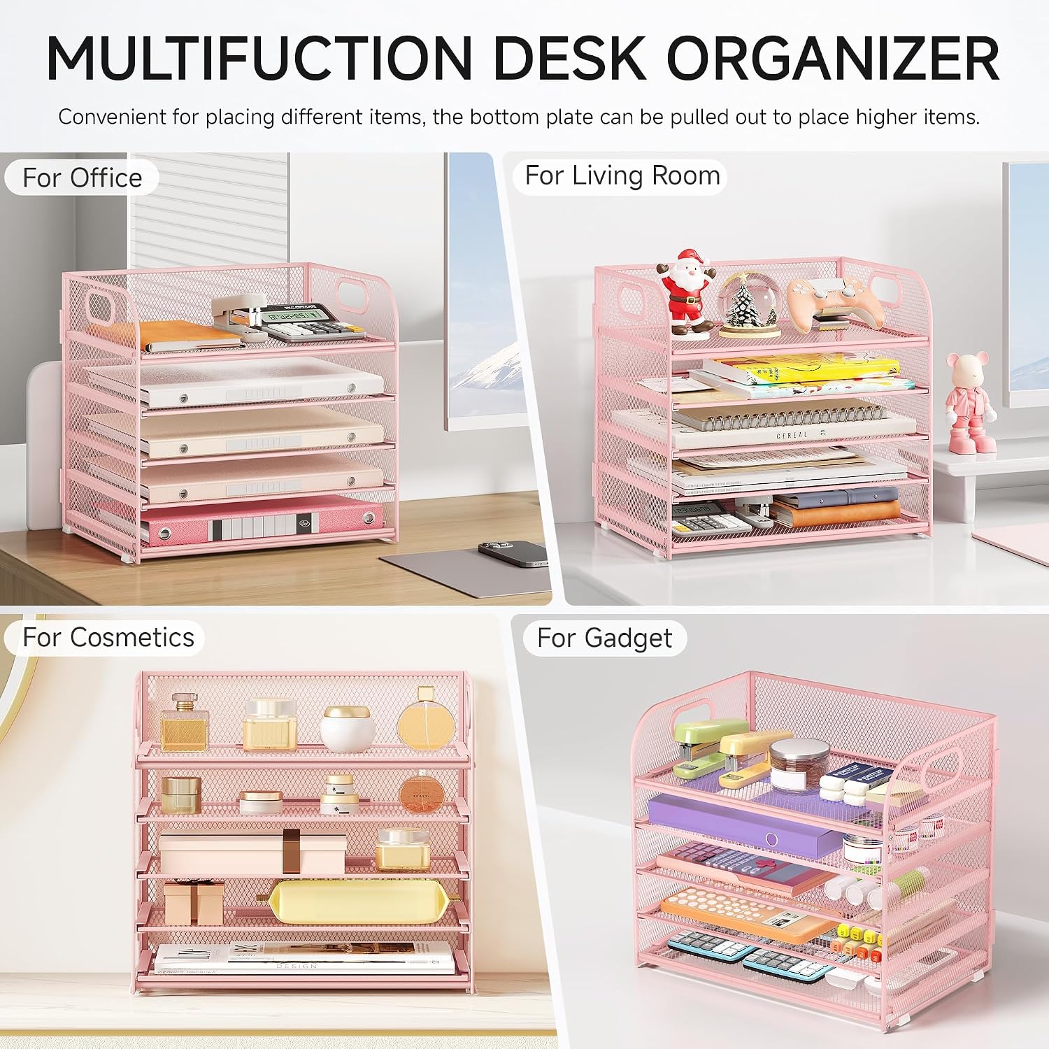 Detalle 1 de SUBEKYU 5-Tier Metal Mesh Desk Organizer with Handle, Sliding Letter Tray, Pink
