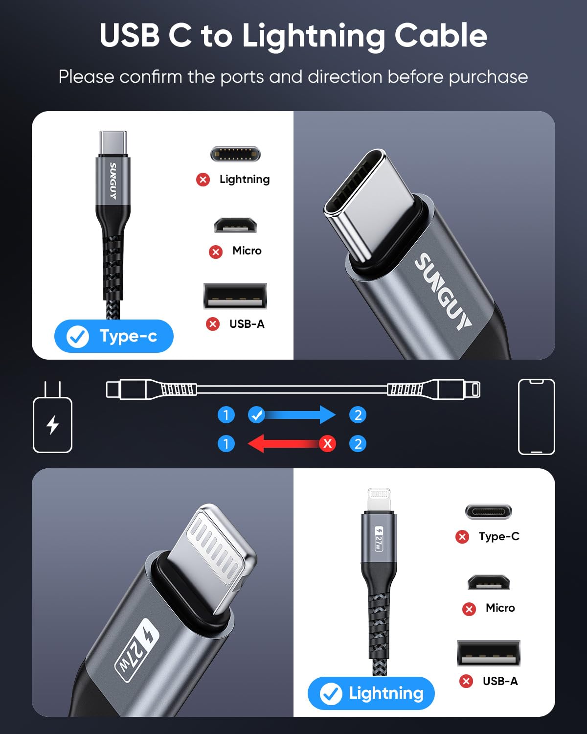 Thumbnail 1 de SUNGUY USB C to Lightning Cable 0.5FT (2-Pack) – MFi Certified, 20W Fast Charging