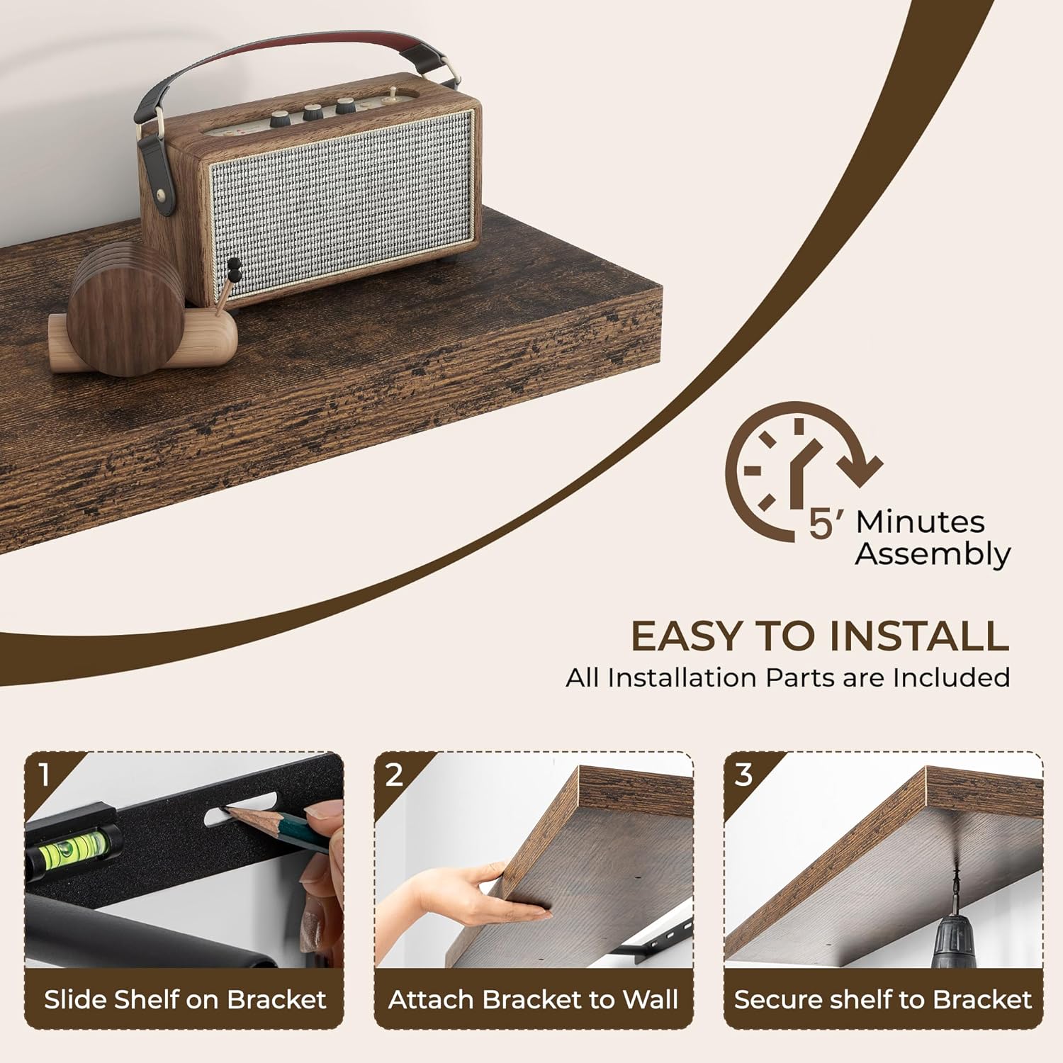 Thumbnail 4 de RICHFOCUS 36-Inch Floating Shelves (2-Pack) with Invisible Brackets – Rustic Brown