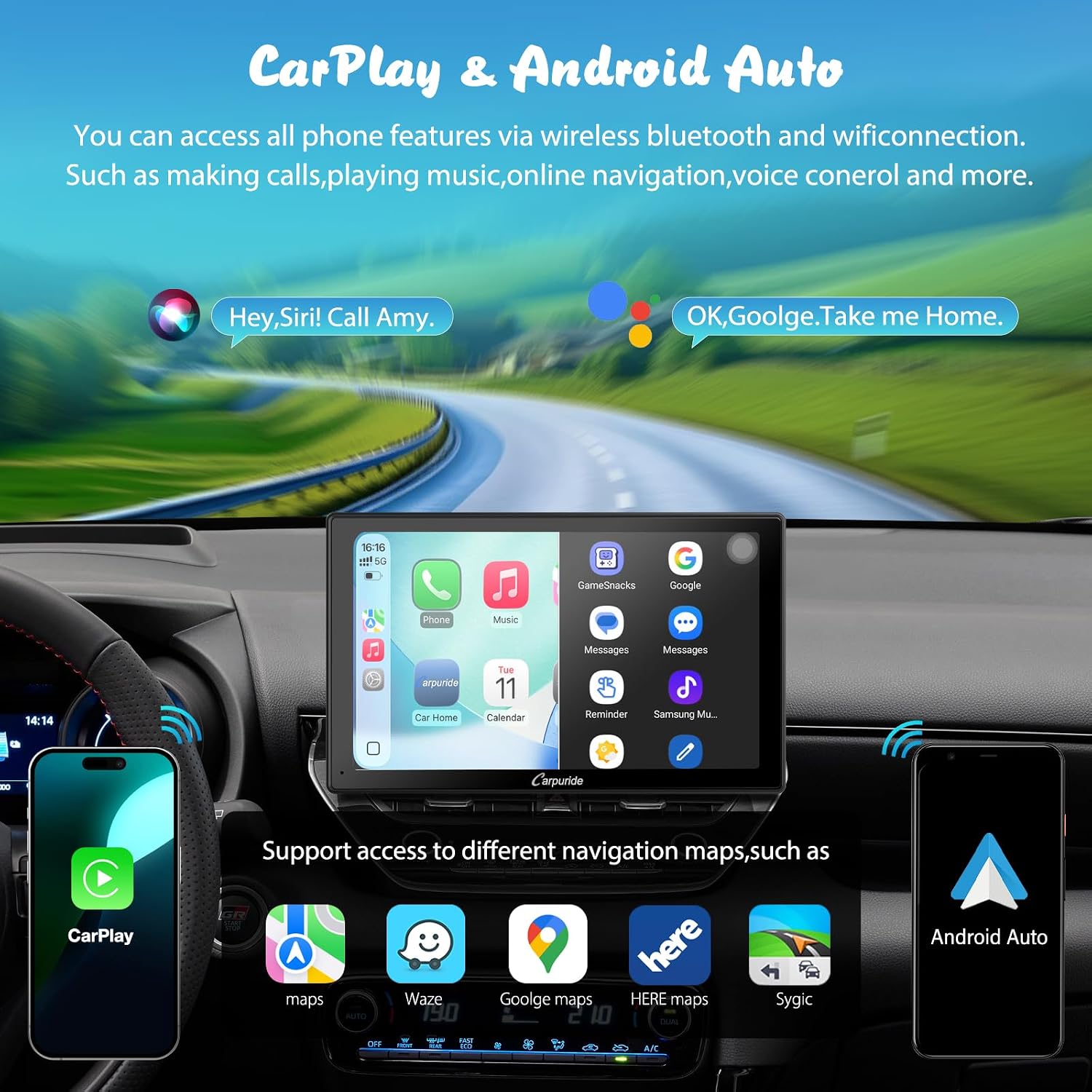 Detalle de CARPURIDE W901 Pro: 9-Inch Wireless CarPlay/Android Auto Head Unit with Dual BT, Mirror Link, and Real-Time Navigation