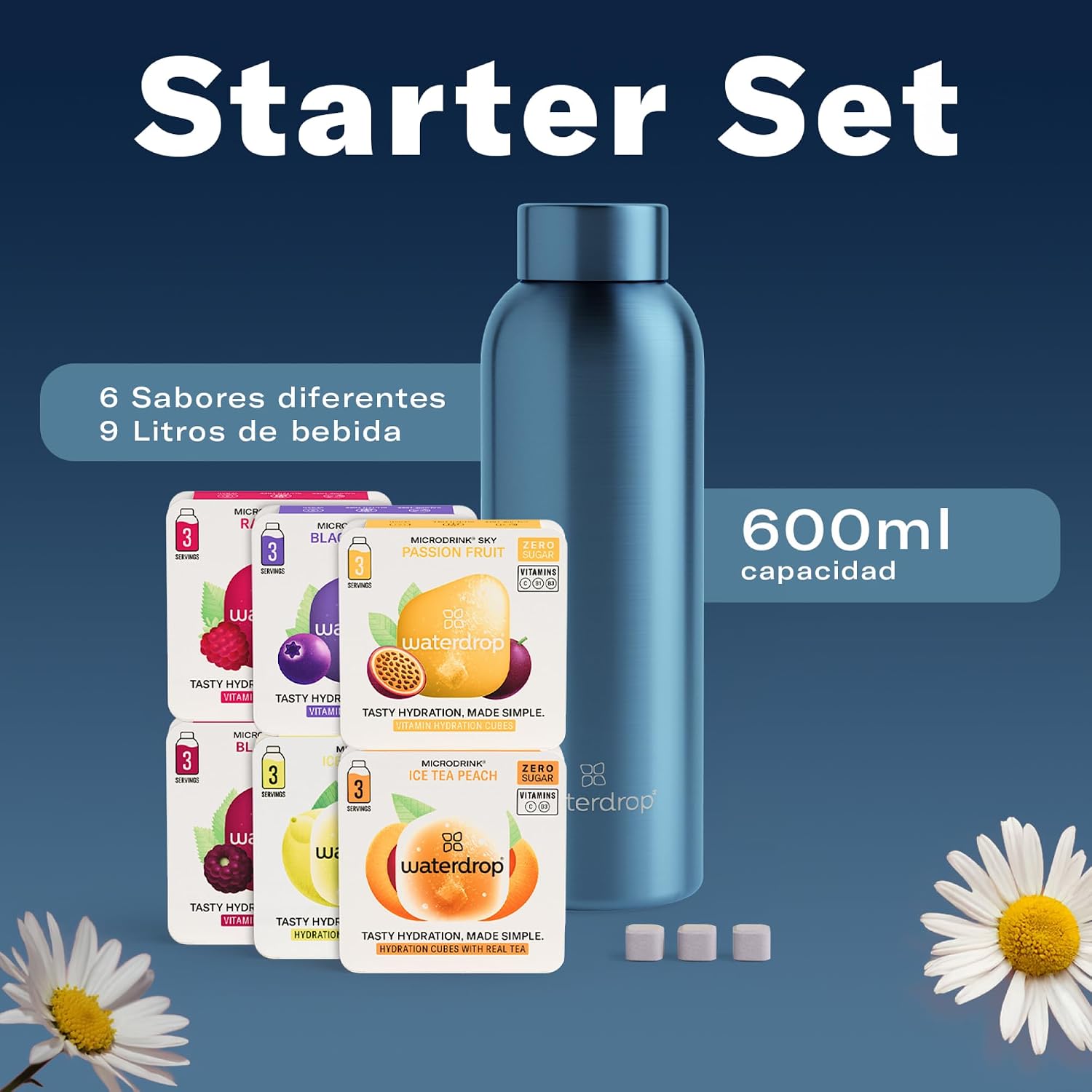 Detalle 2 de waterdrop® Starter Set Steel: Botella de Acero y Bebidas 🍹