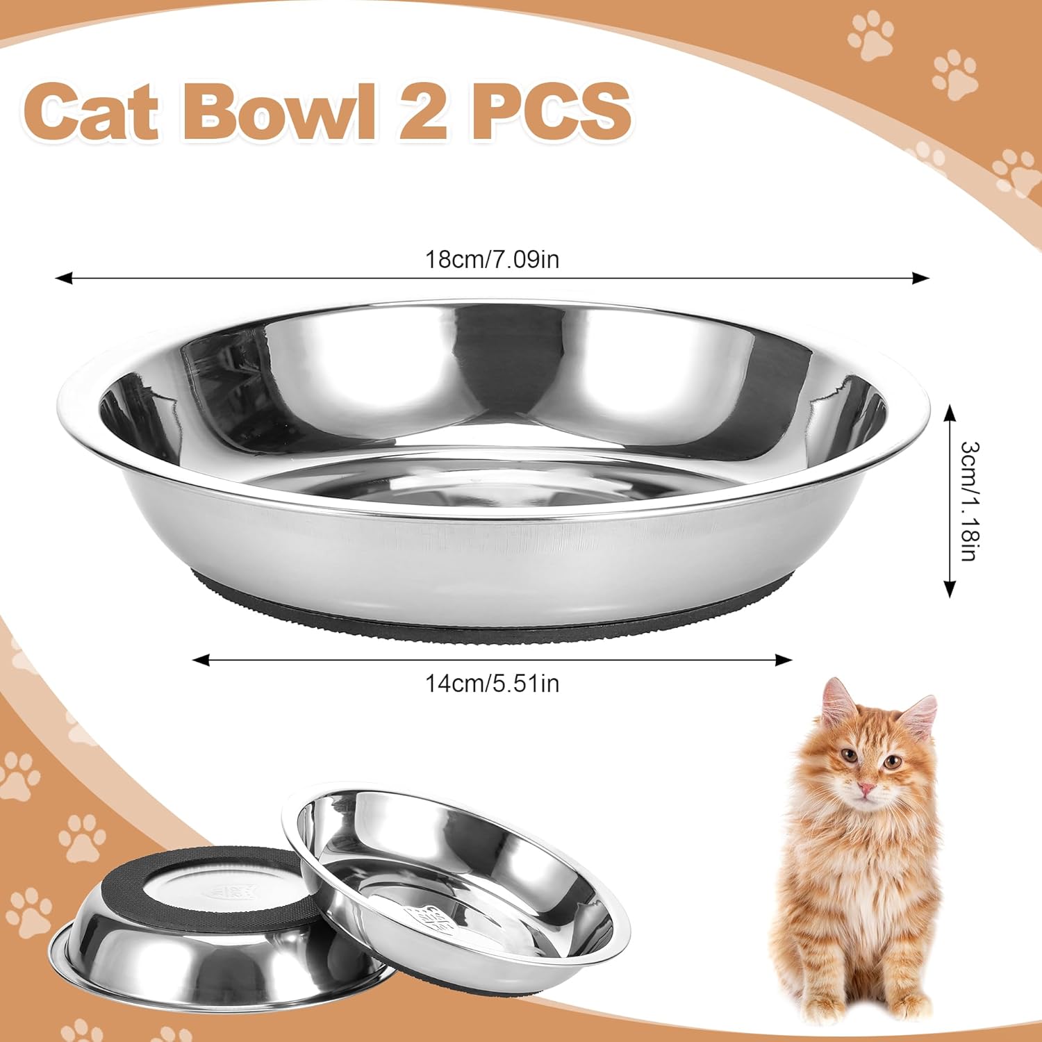 Detalle de TranRantic 2 Pcs Stainless Steel Cat Bowls – Non-Slip, Whisker-Friendly 18 cm Wide