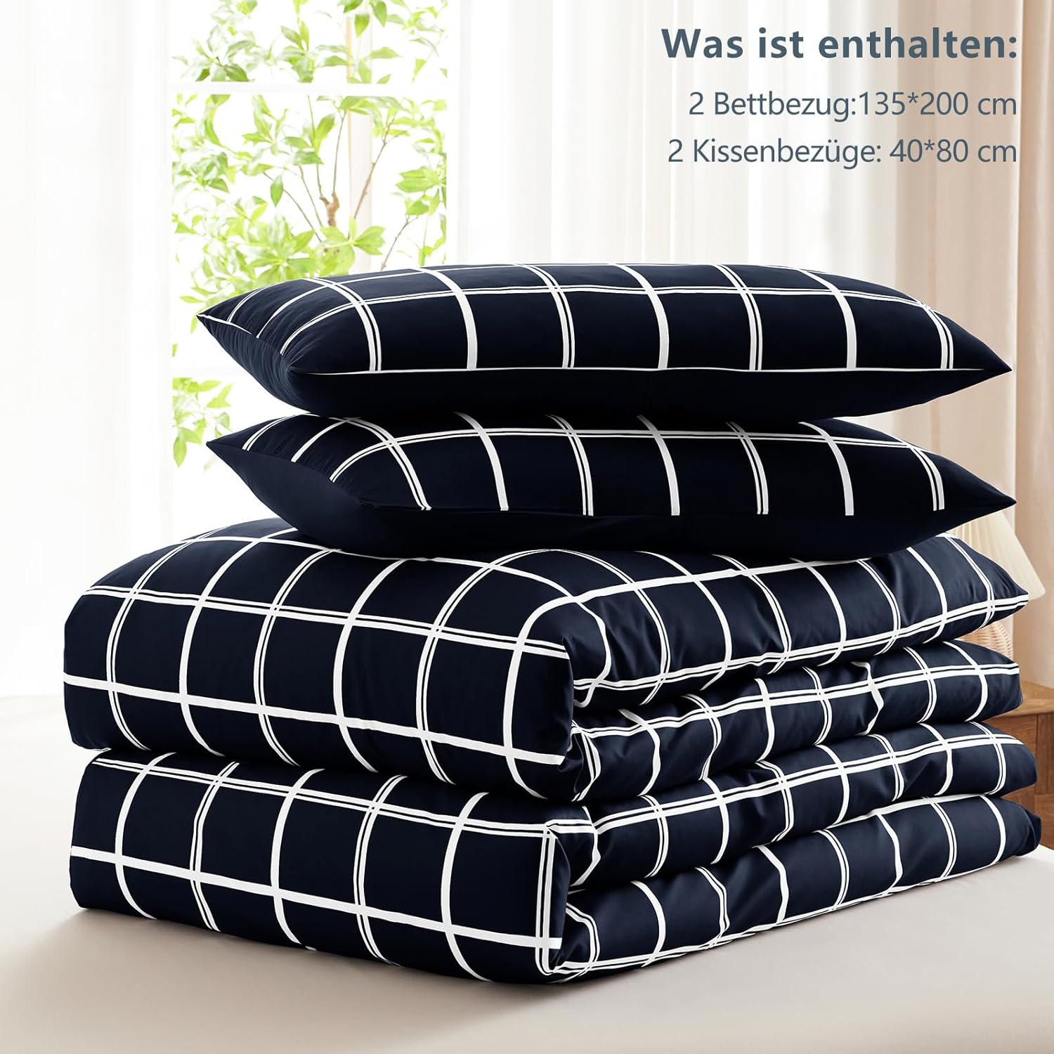 Thumbnail 6 de WAVVE Bettwäsche 135x200 4-teilig, Mikrofaser, ÖKO-TEX, Blau-Karomuster mit Reißverschluss