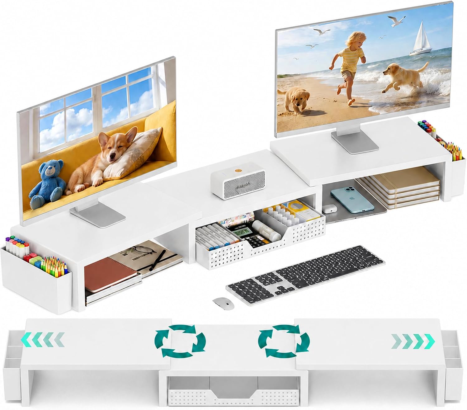 OPNICE Desk Organizer Monitor Stand with Drawer, 2 Pen Holders, White