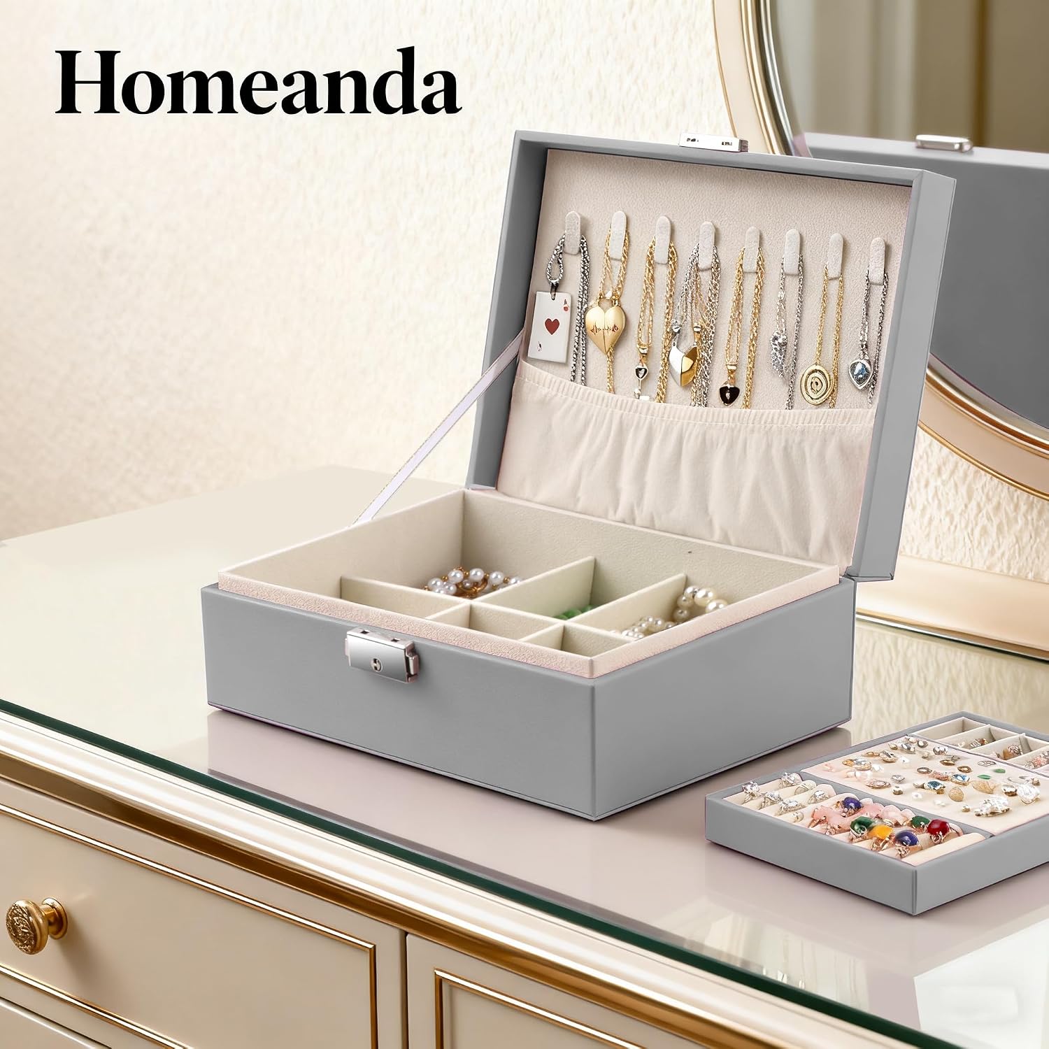 Detalle 2 de Homeanda Jewellery Box with Lock, 2-Layer 1 organiser 💍