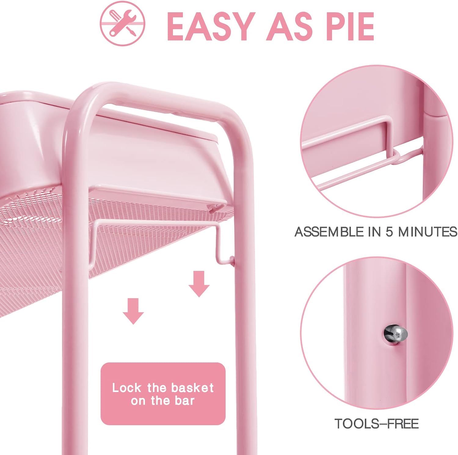 Detalle de TOOLF RY131218 3-Tier Metal Rolling Cart, Pink, Tool-Free Assembly