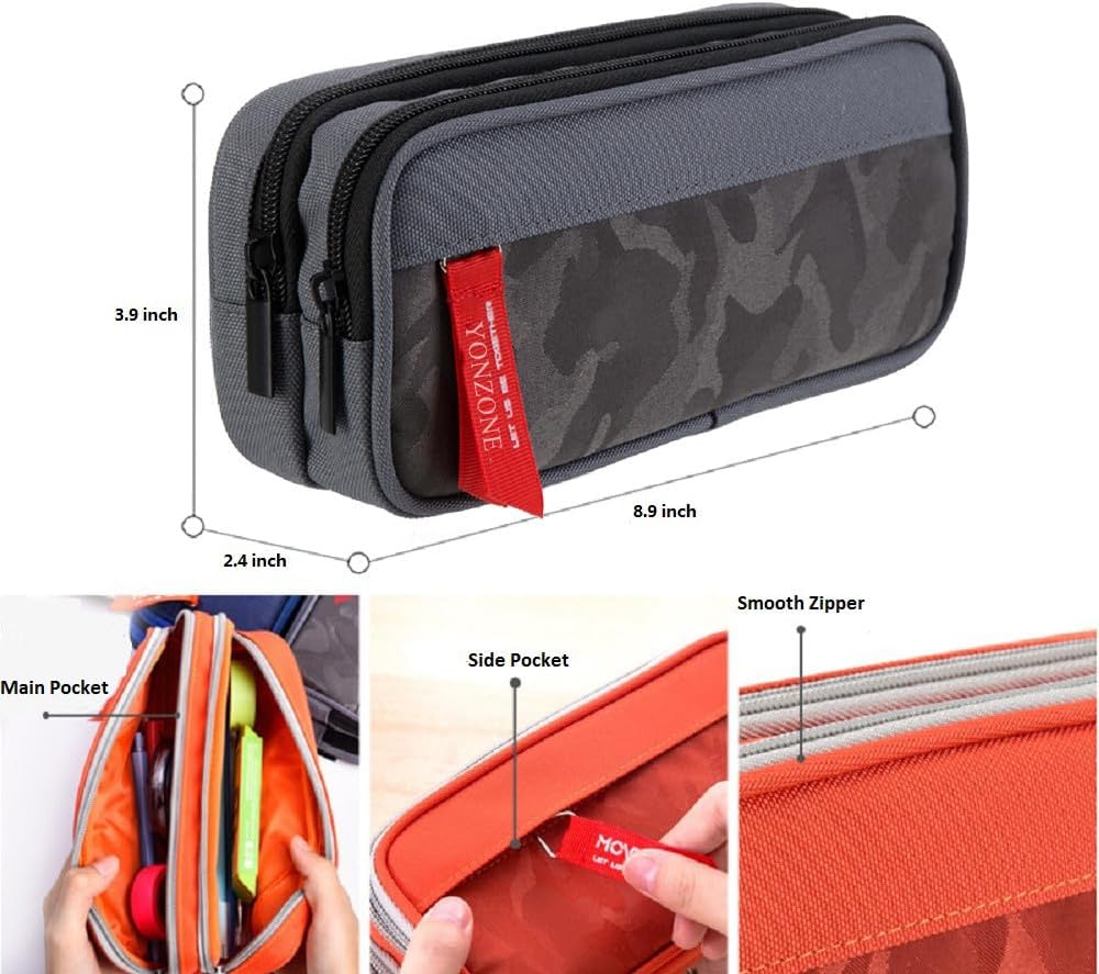 Thumbnail 1 de YONZONE Large Capacity Pencil Case with 3 Compartments (Grey) – multi-pocket organiser pouch