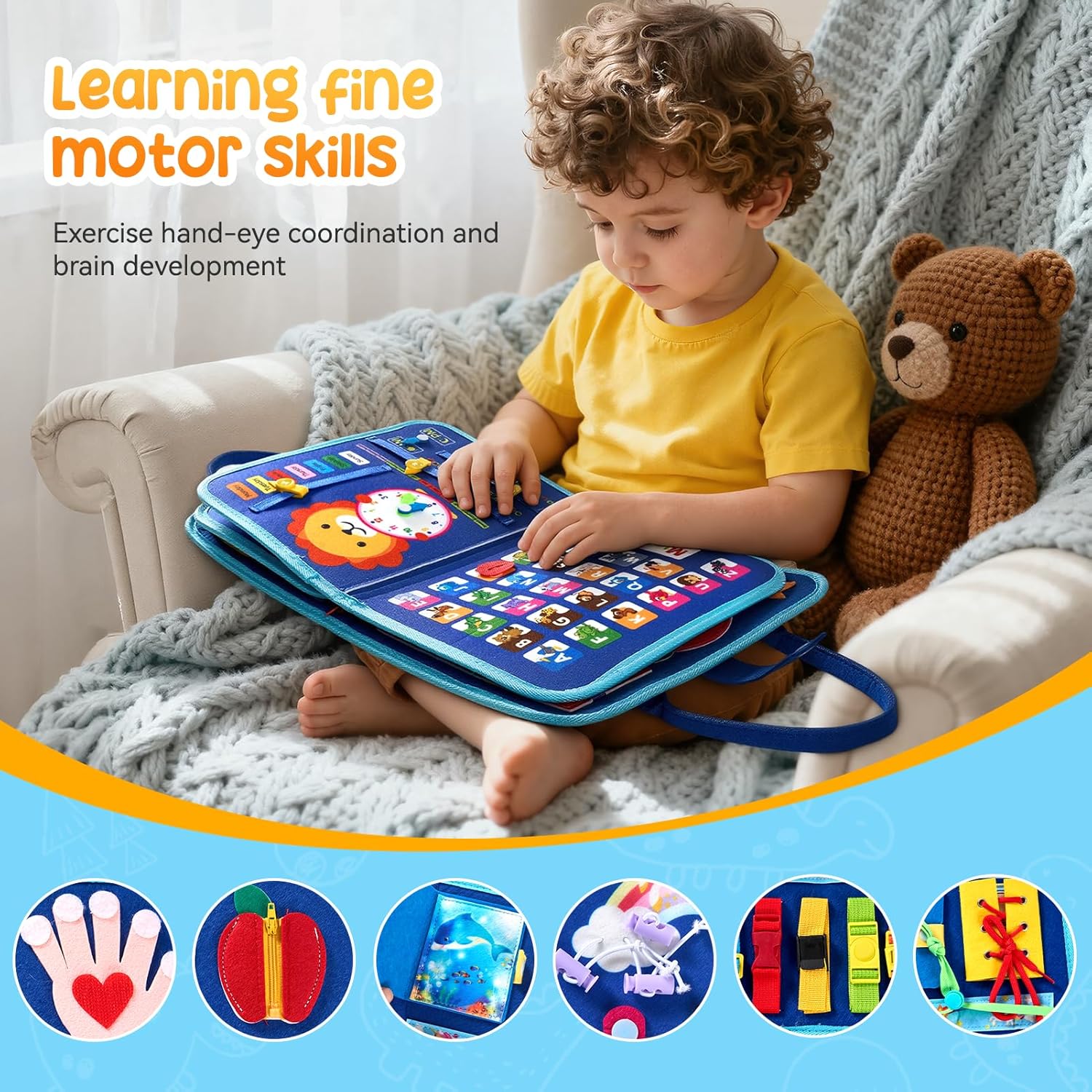 Thumbnail 2 de Warmiehomy Montessori busy board (felt activity board) with 8 play pages – blue big whale travel toy